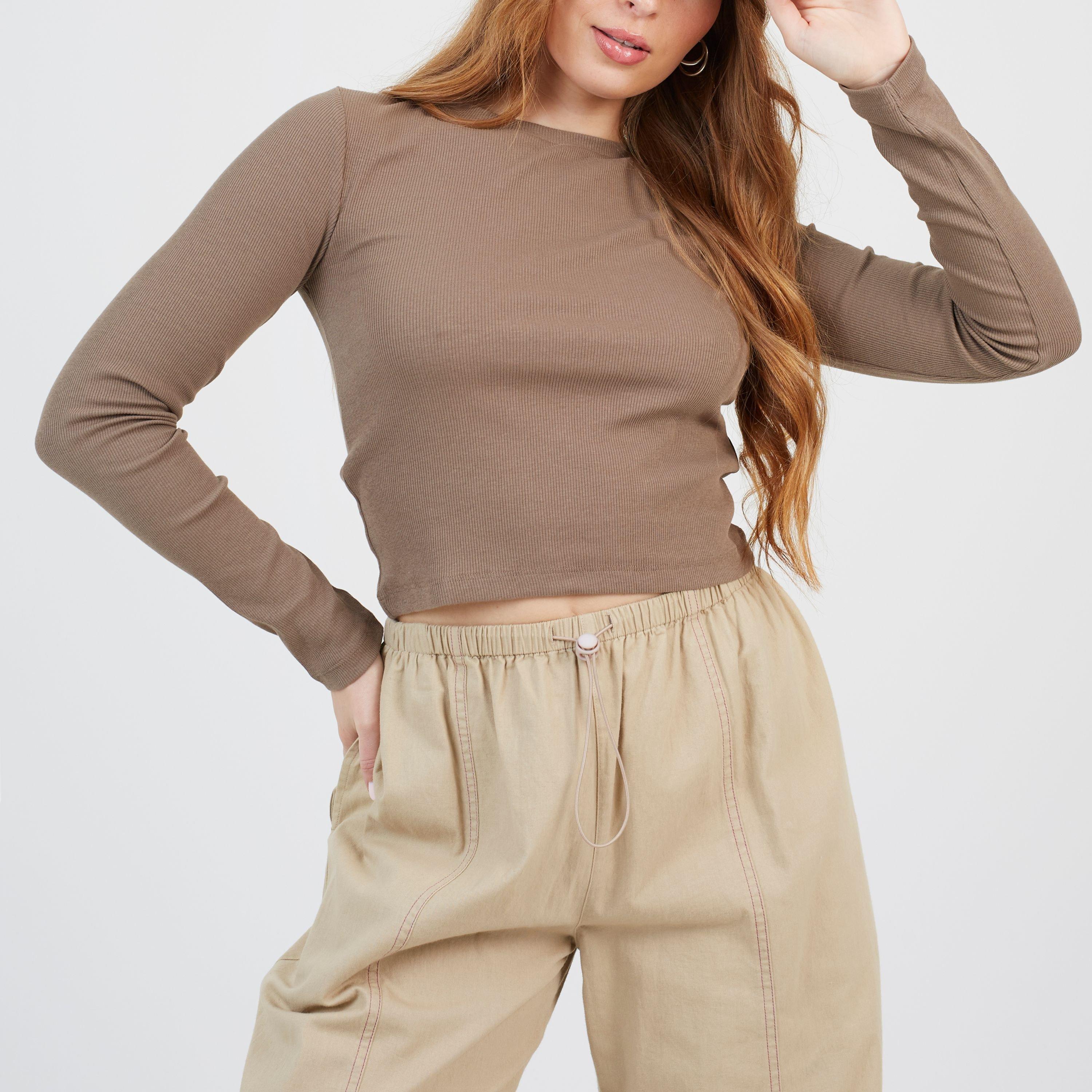 Mushroom - Brave Soul - BS Womens Long Sleeve Ribbed Top with Round Neck - 1