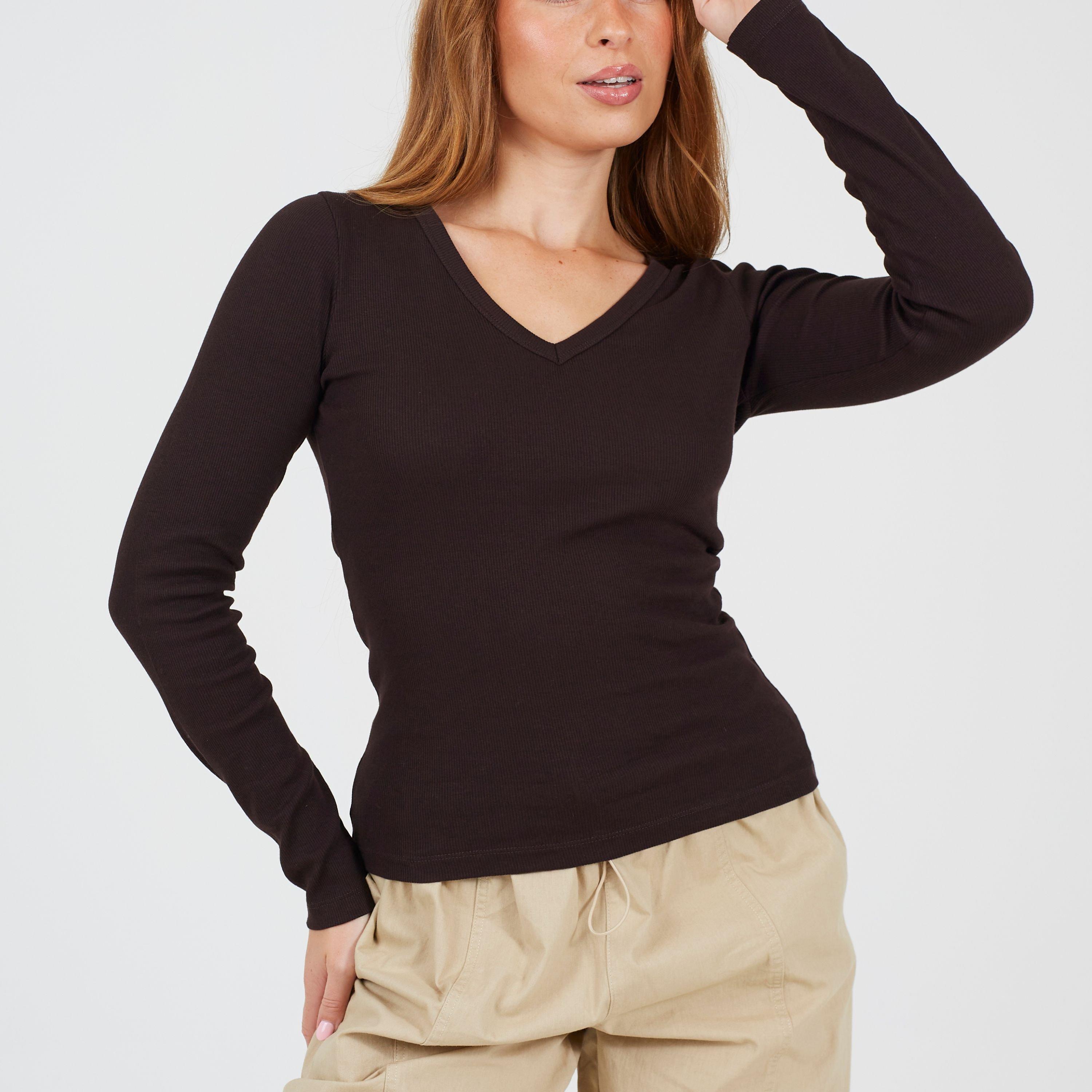 Brave Soul BS Womens Long Sleeve V-Neck Ribbed Top