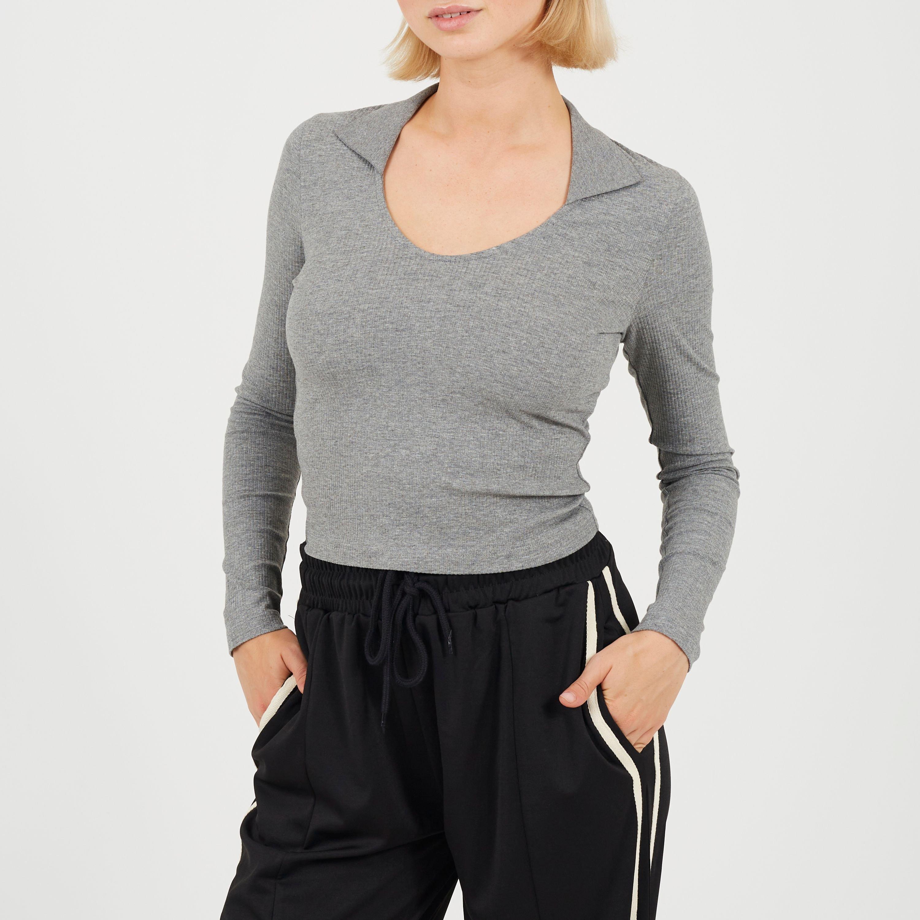 Grey Marl - Brave Soul - BS Womens Long Sleeve Scoop Neck Top with Collar - 1