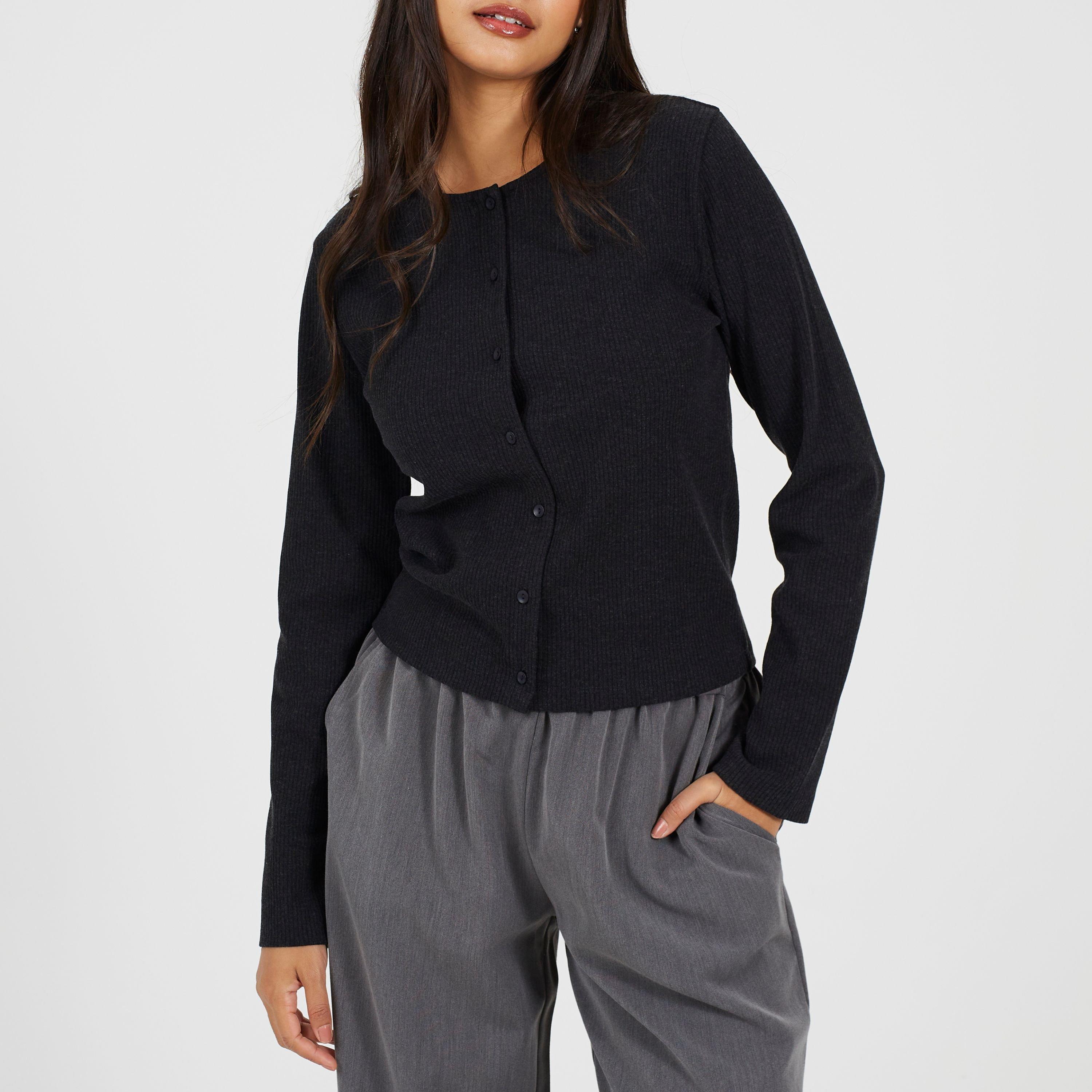 Charcoal - Brave Soul - BS Womens Long Sleeve Ribbed Top with Button Down Front - 1