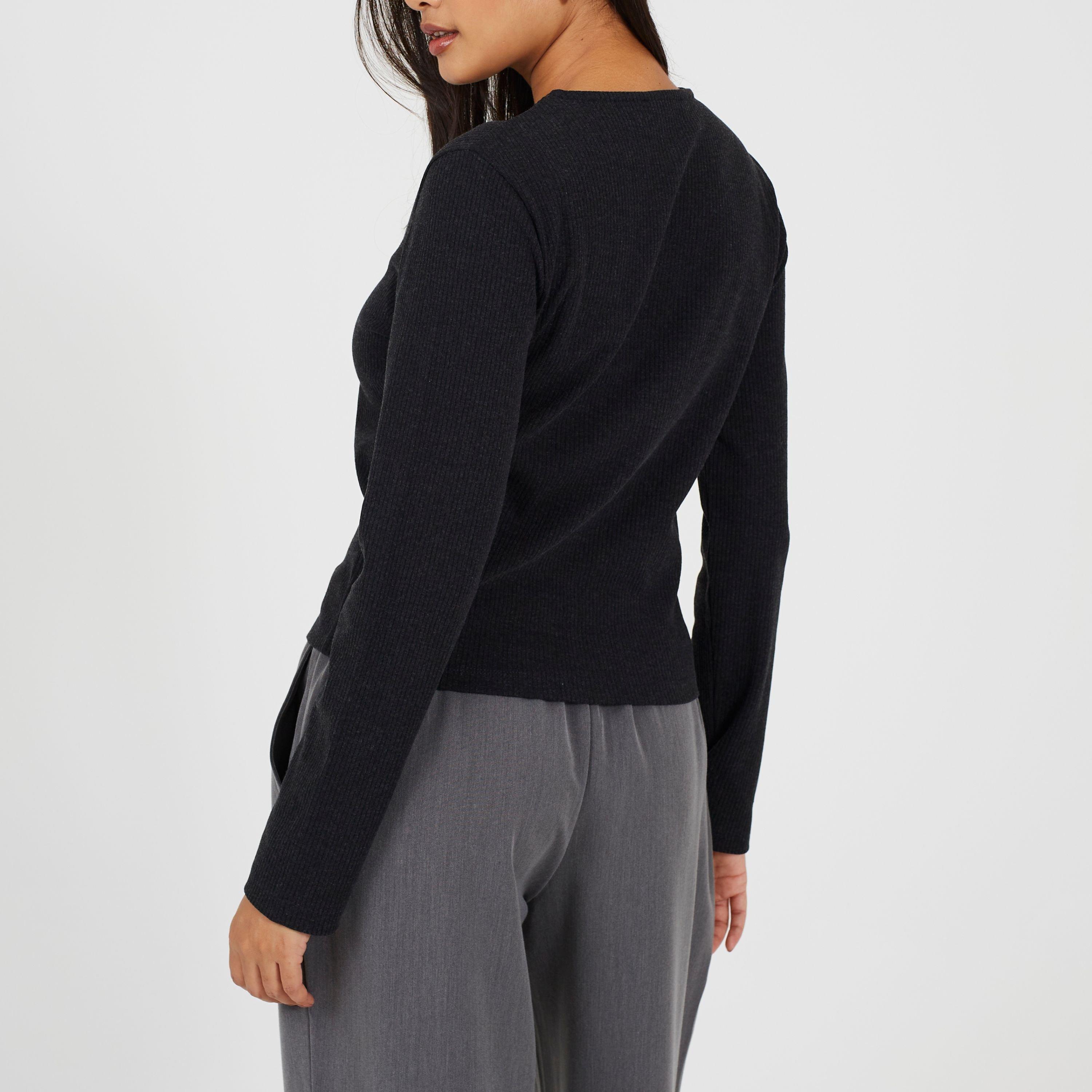 Charcoal - Brave Soul - BS Womens Long Sleeve Ribbed Top with Button Down Front - 2