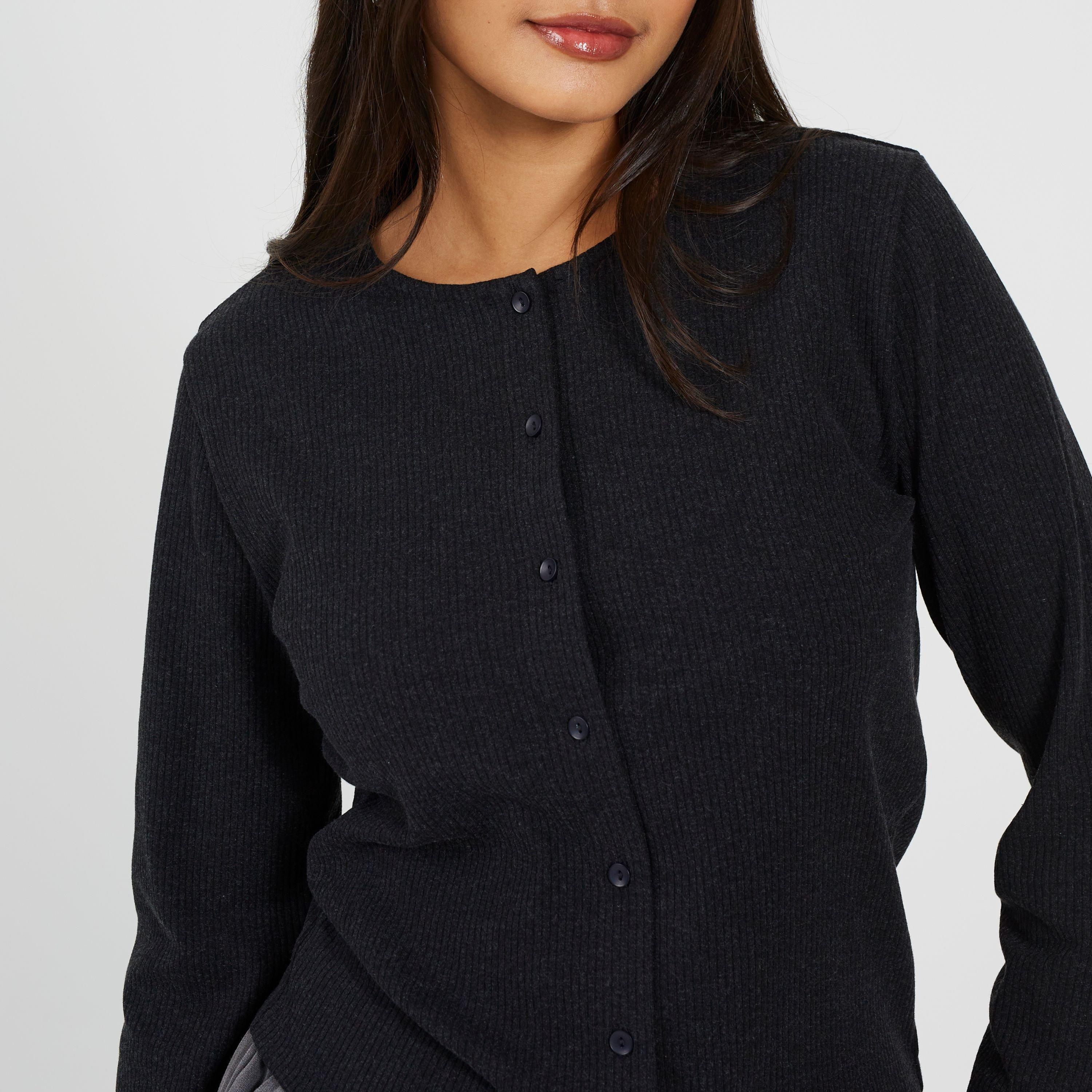 Charcoal - Brave Soul - BS Womens Long Sleeve Ribbed Top with Button Down Front - 3