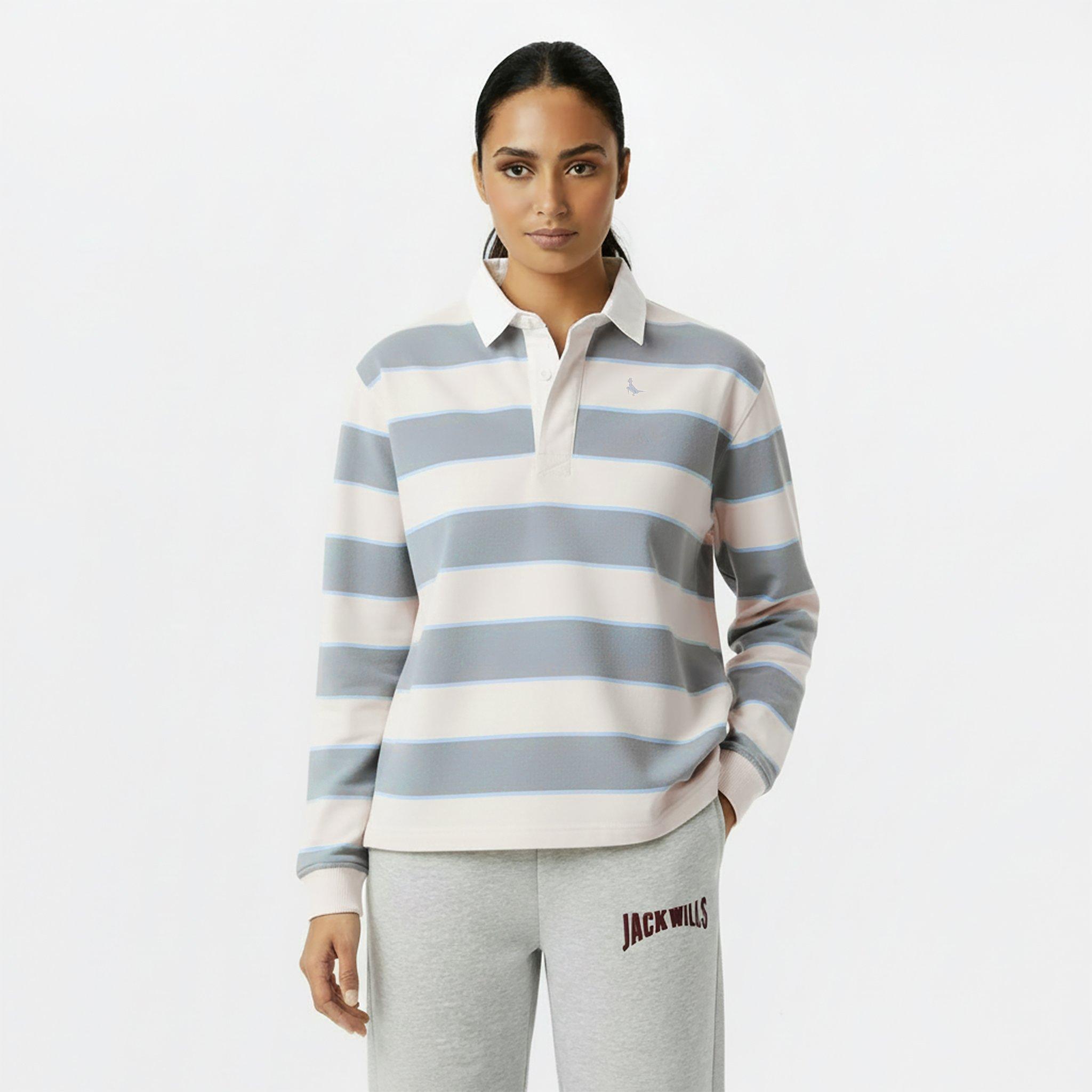 Navy/White - Jack Wills - Women's Cotton Polo Neck Long Sleeve Oversized Fit T-Shirt - 3