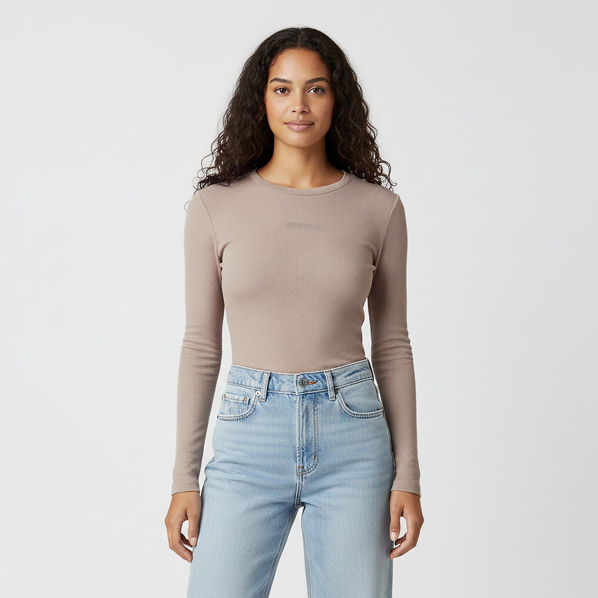 Taupe - Jack Wills - Women's Waffle LSBaby Cotton Crew Neck Slim Fit Long Sleeve T-Shirt - 3