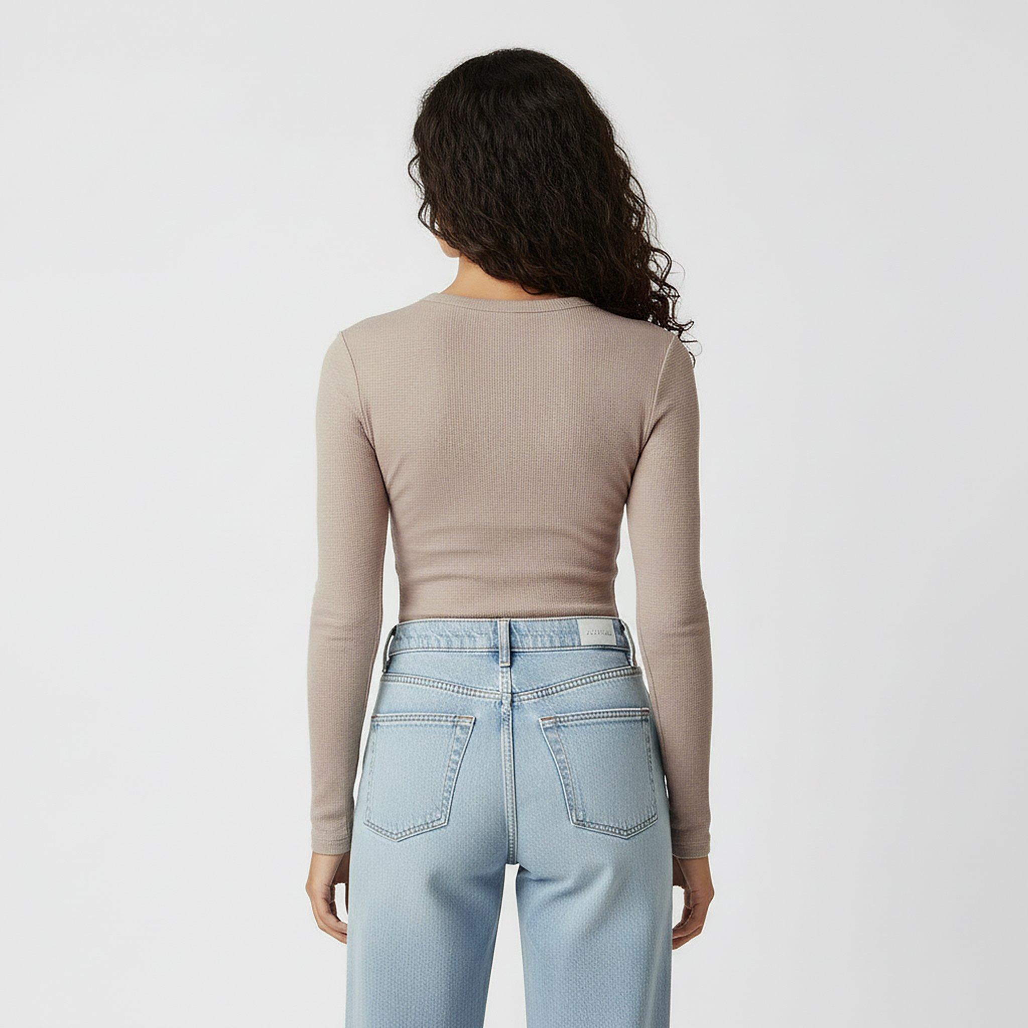 Taupe - Jack Wills - Women's Waffle LSBaby Cotton Crew Neck Slim Fit Long Sleeve T-Shirt - 4