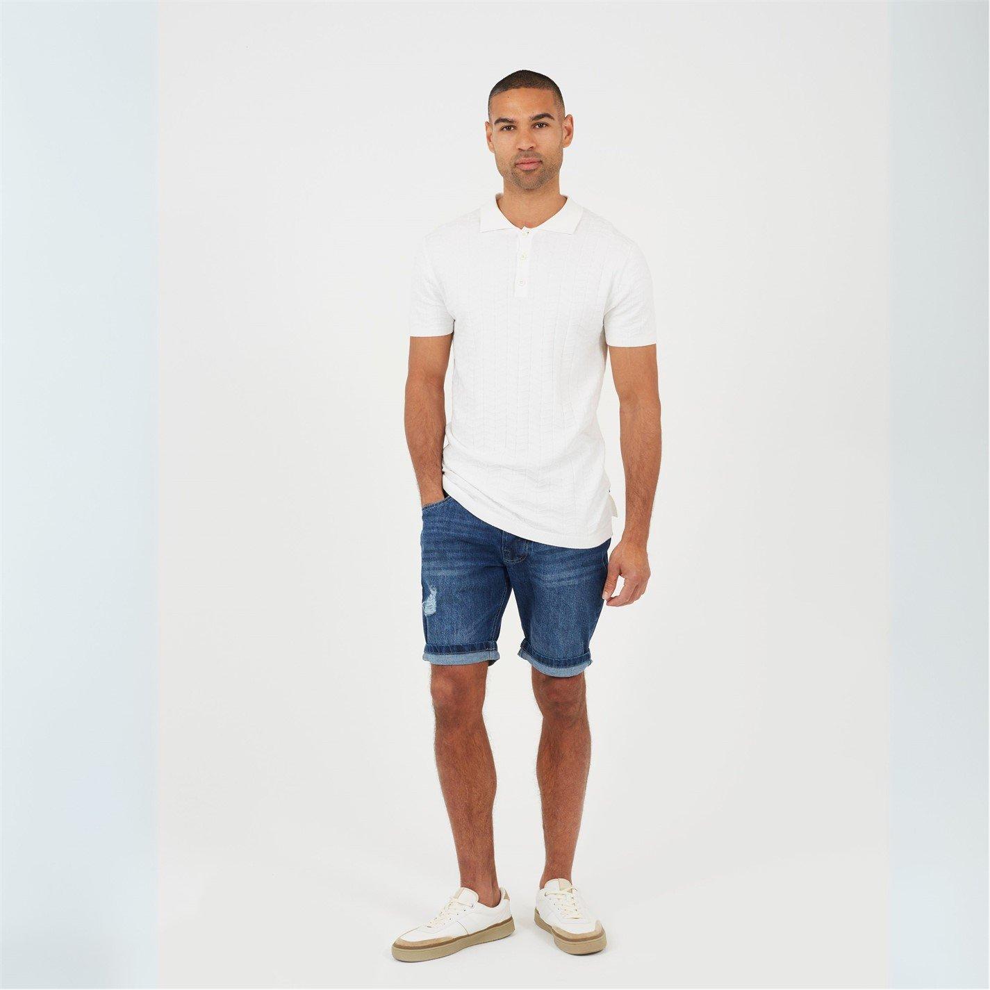Light Blue Wash - Brave Soul - Mens Light Blue Wash Distressed Denim Shorts - 4