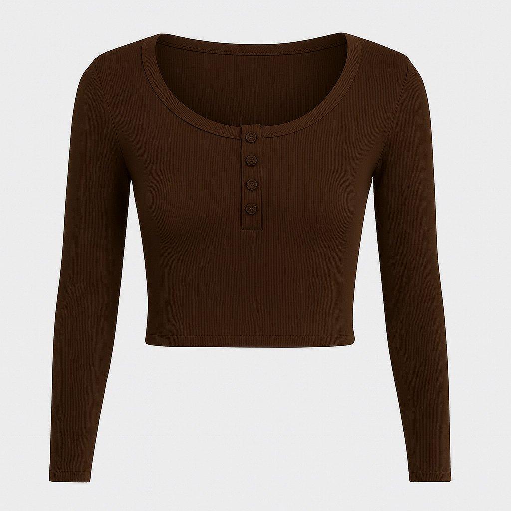 Chocolate - I Saw It First - Rib Button Front Long Sleeve Top - 1