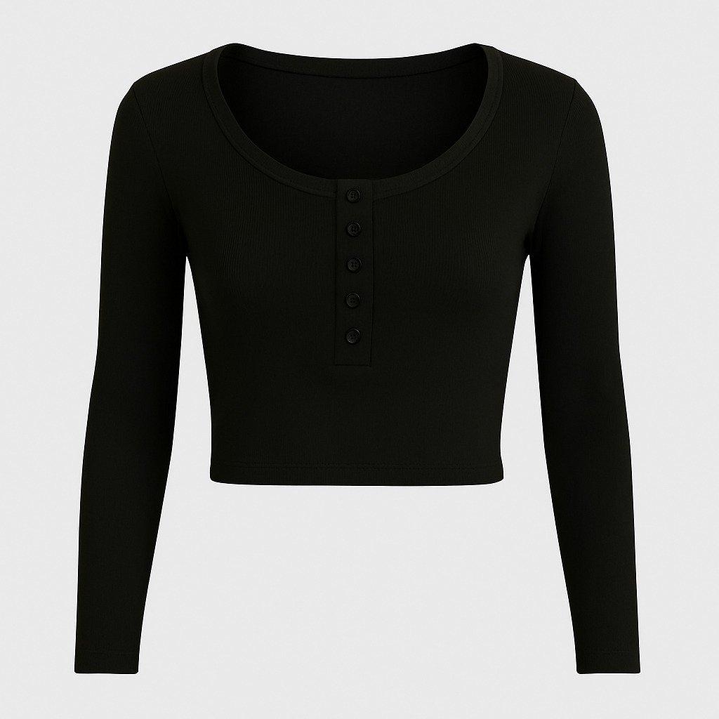 Black - I Saw It First - Rib Button Long Sleeve Top - 1