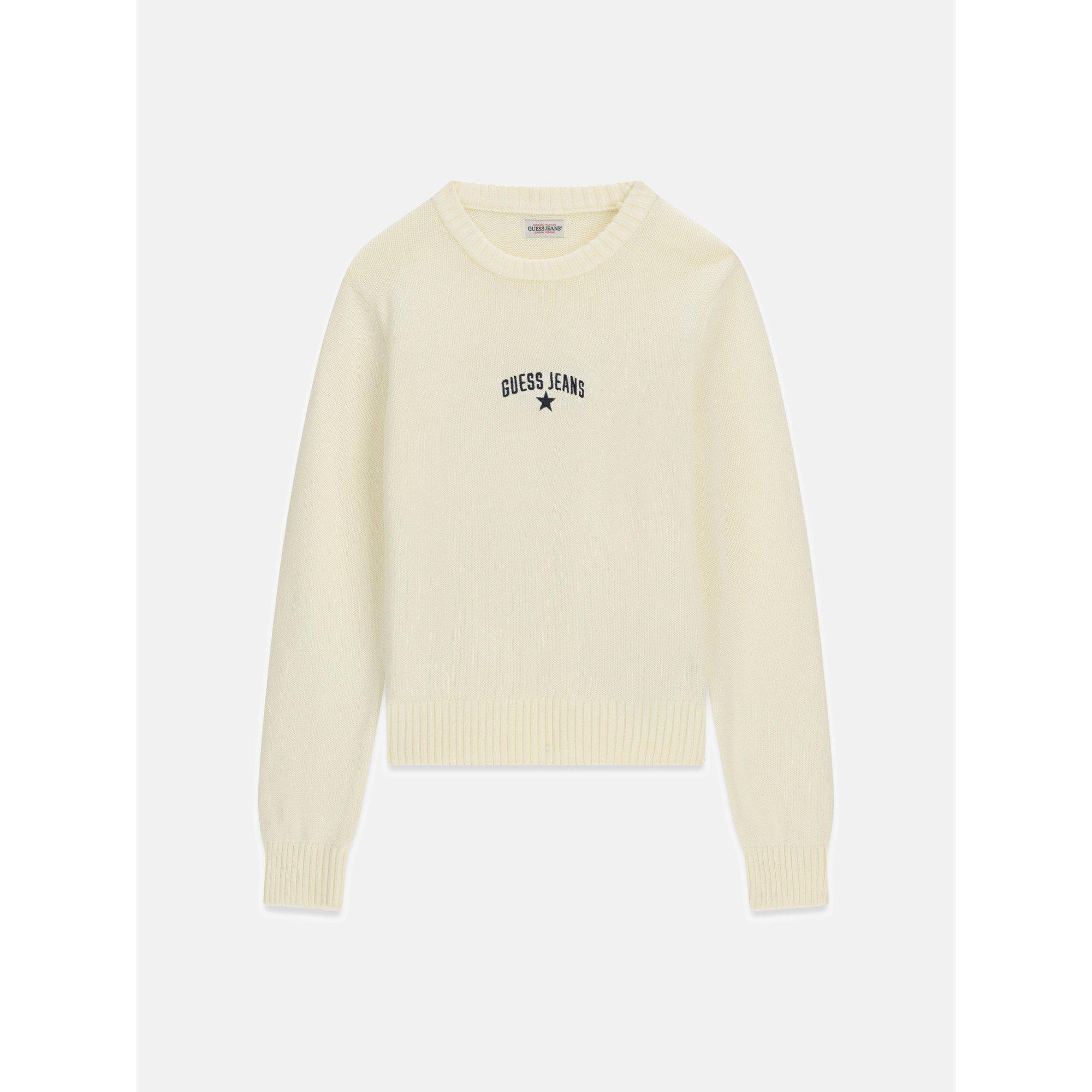 Warm White - Guess - Women's Cotton Star Embroidered Long Sleeve T-Shirt