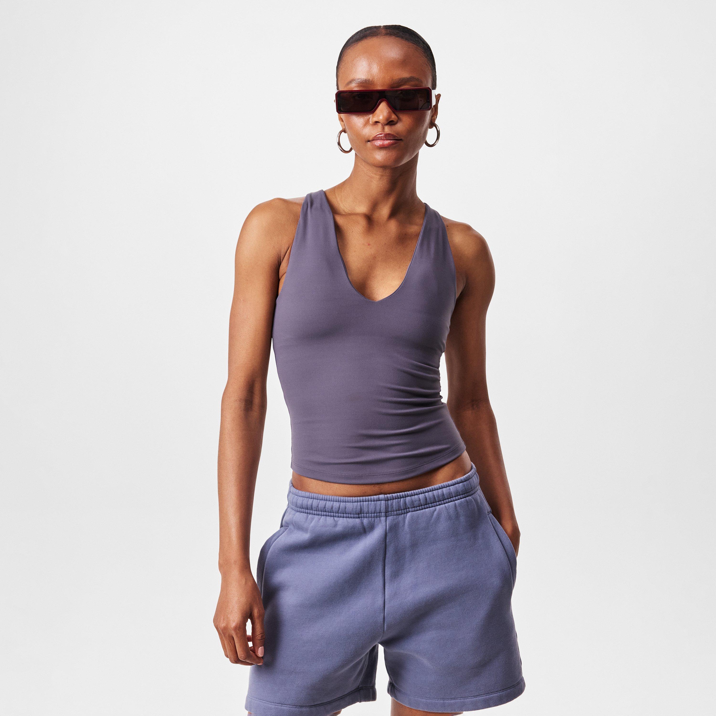 Grey - Represent - Women's V-Neck Built-In Bra 4-Way Stretch Slim Fit Tank Vest - 3