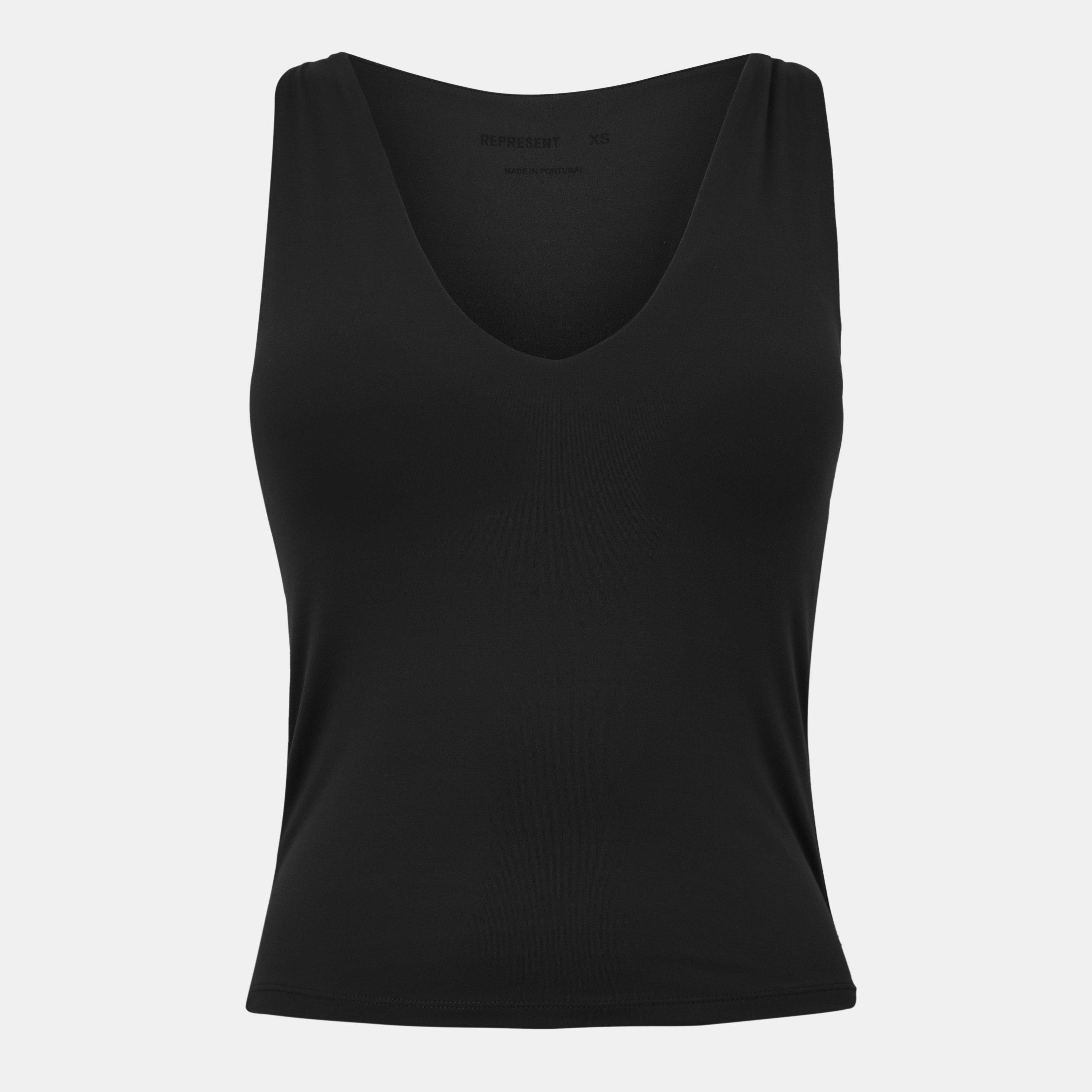 Represent Women's V-Neck Built-In Bra 4-Way Stretch Slim Fit Tank Vest - Jet Black - Size 12 (M)