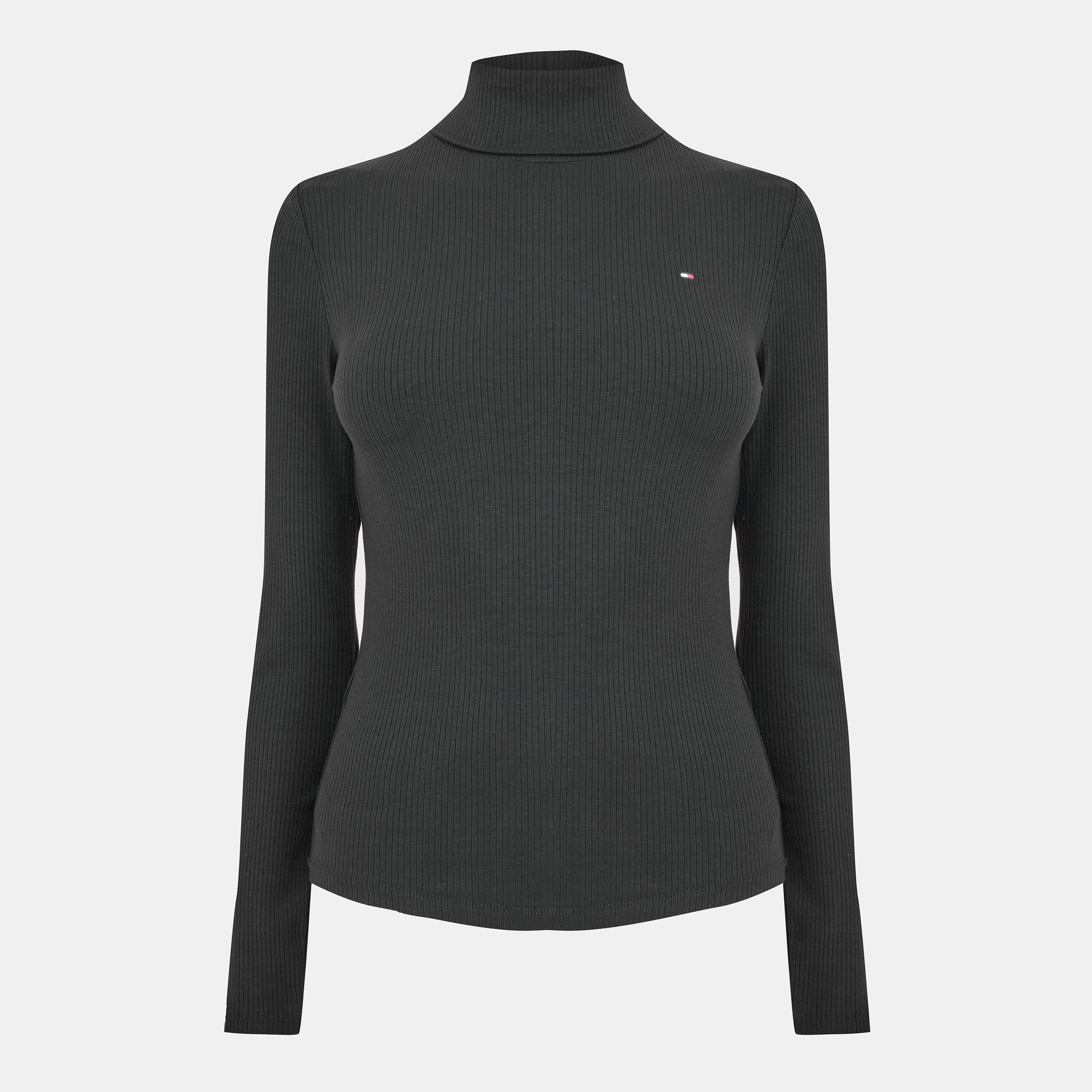 Black - Tommy Hilfiger - Women's Slim Rib Roll Neck Slim Fit Long Sleeve T-Shirt - 1