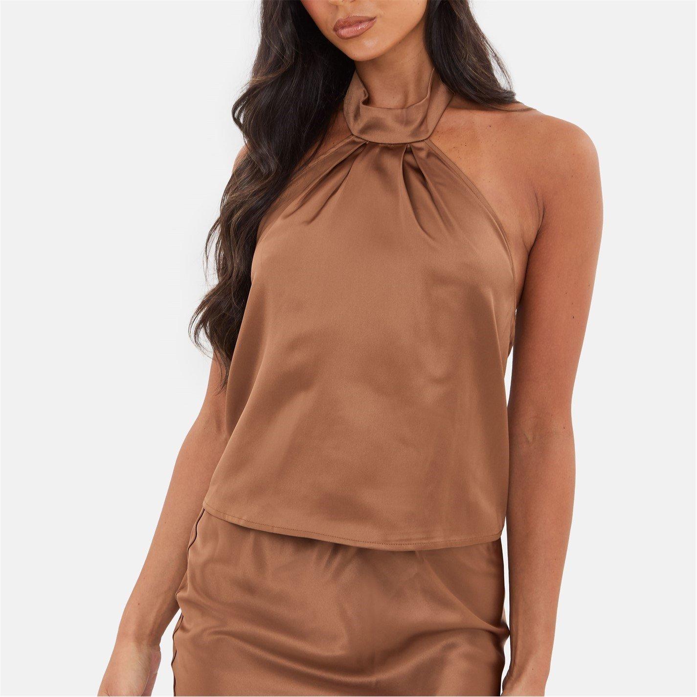 Brown - I Saw It First - Satin Halter Neck Top - 1