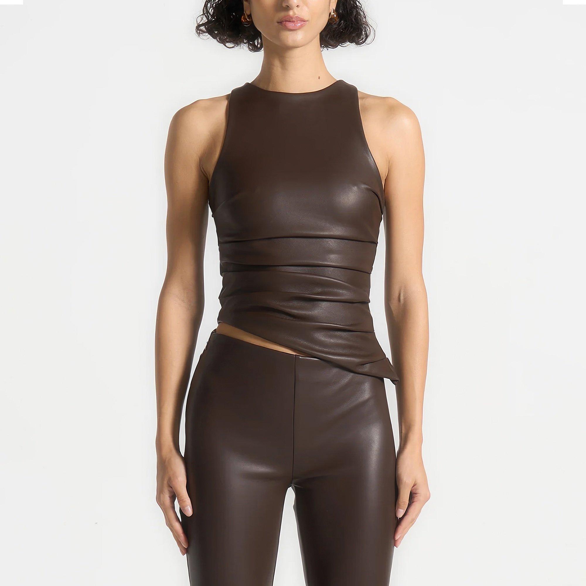 Brown - Maniere De Voir - Womens Asymmetric Tacked Racer Top - 2