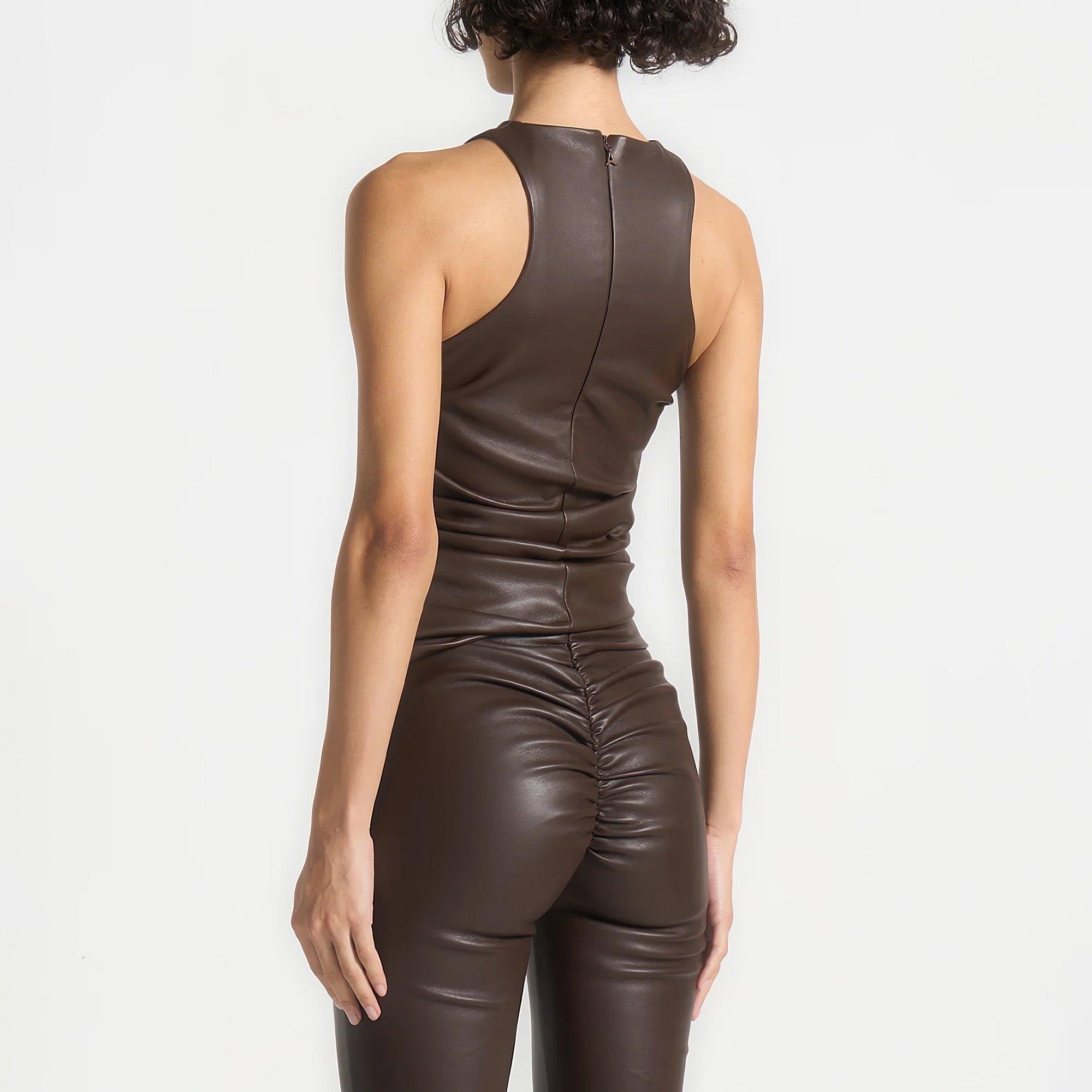 Brown - Maniere De Voir - Womens Asymmetric Tacked Racer Top - 3