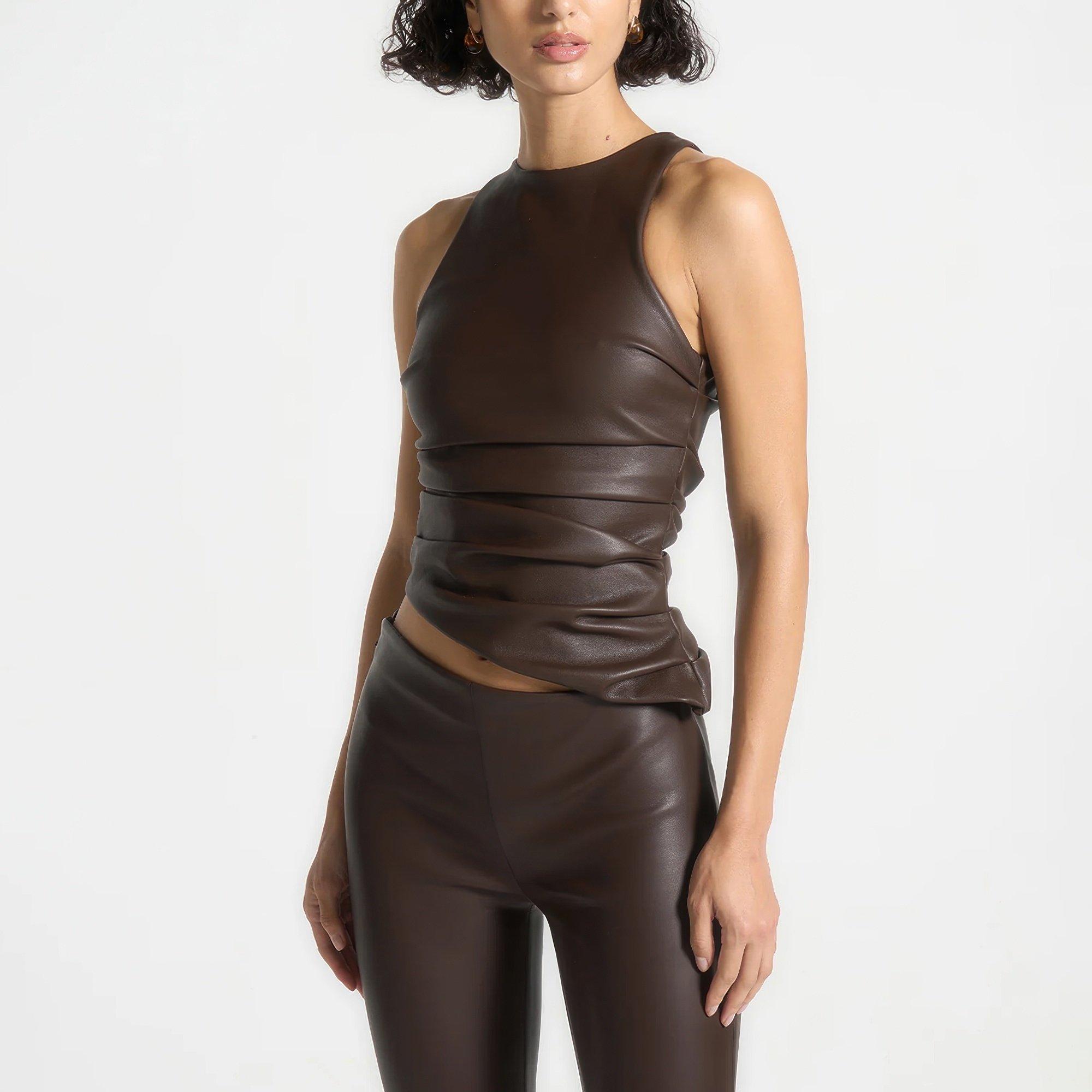 Brown - Maniere De Voir - Womens Asymmetric Tacked Racer Top - 6