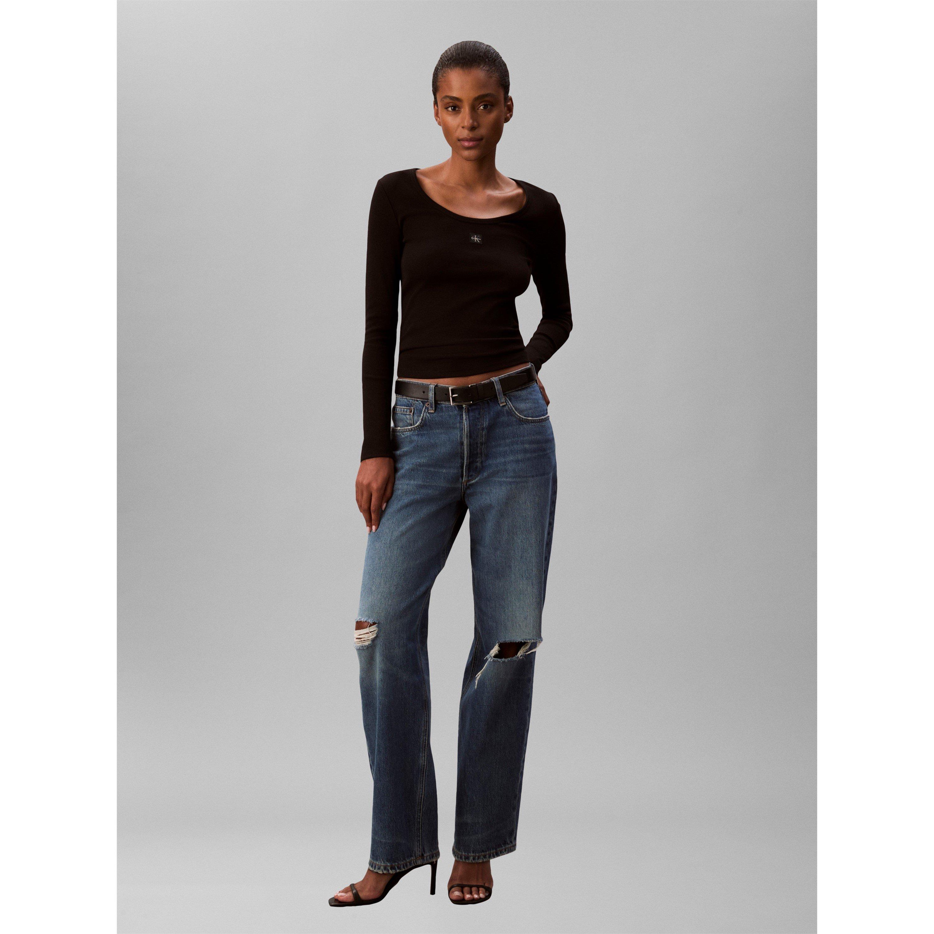 Black - Calvin Klein Jeans - Women's Woven Label Cotton Slim-Fit Long-Sleeve T-Shirt - 2