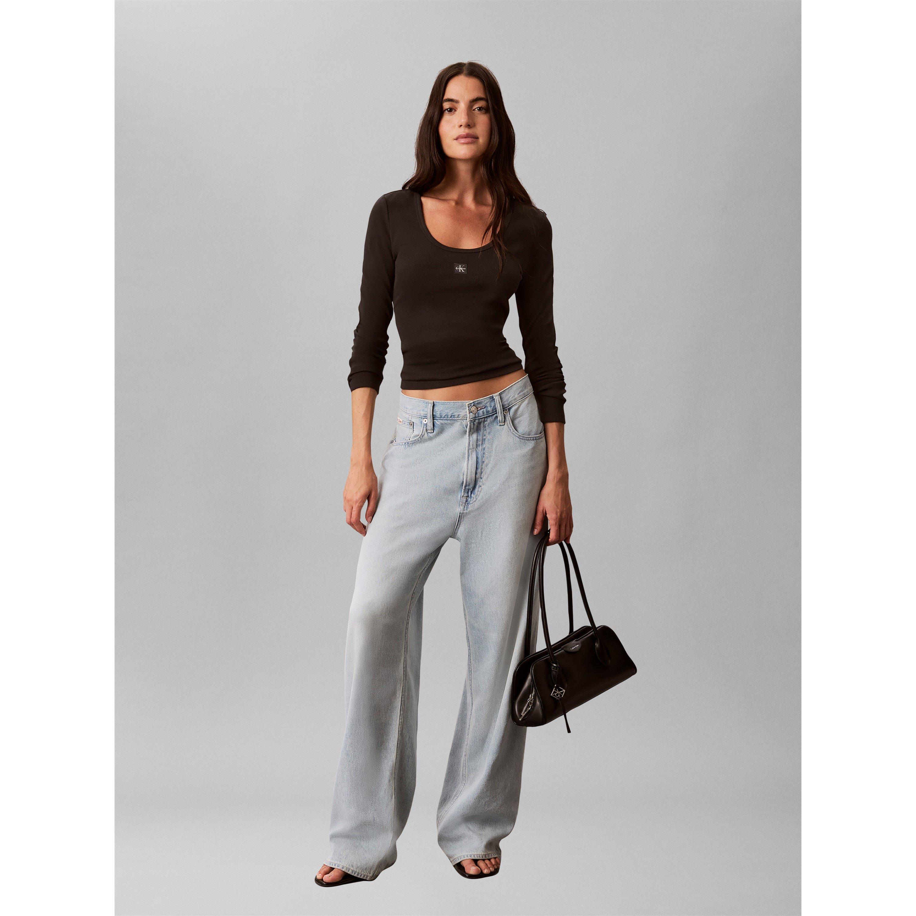 Black - Calvin Klein Jeans - Women's Woven Label Cotton Slim-Fit Long-Sleeve T-Shirt - 3