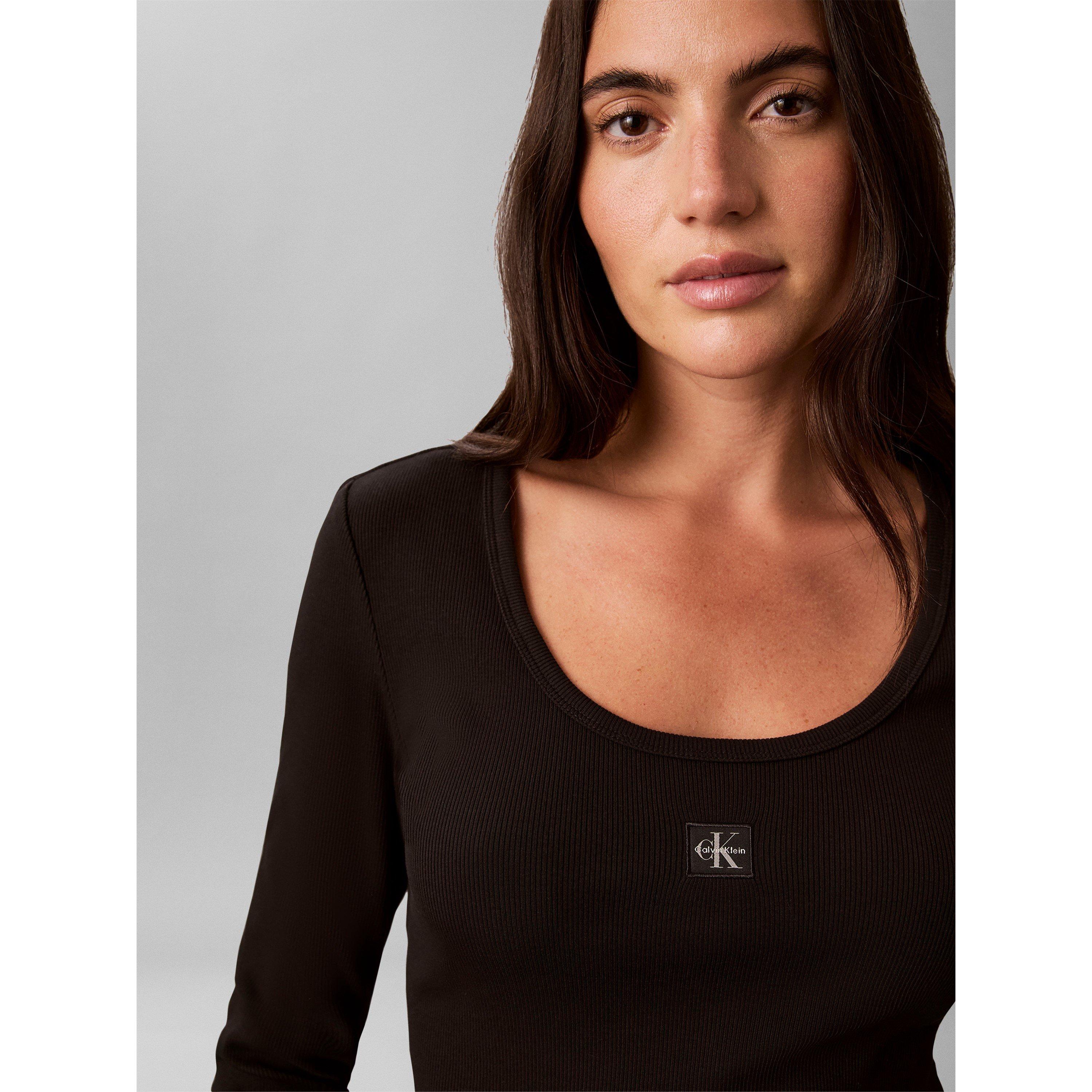 Black - Calvin Klein Jeans - Women's Woven Label Cotton Slim-Fit Long-Sleeve T-Shirt - 4