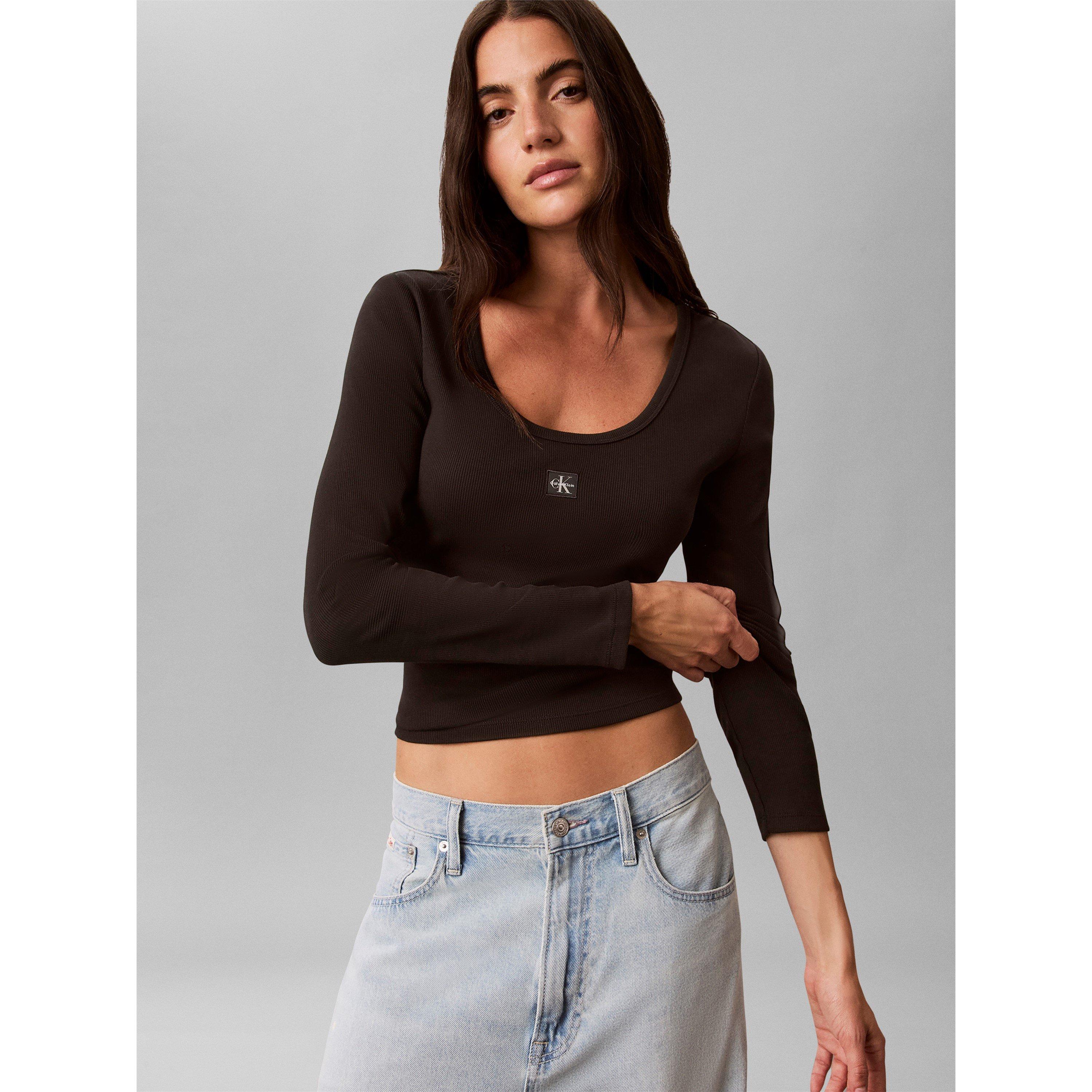 Black - Calvin Klein Jeans - Women's Woven Label Cotton Slim-Fit Long-Sleeve T-Shirt - 6