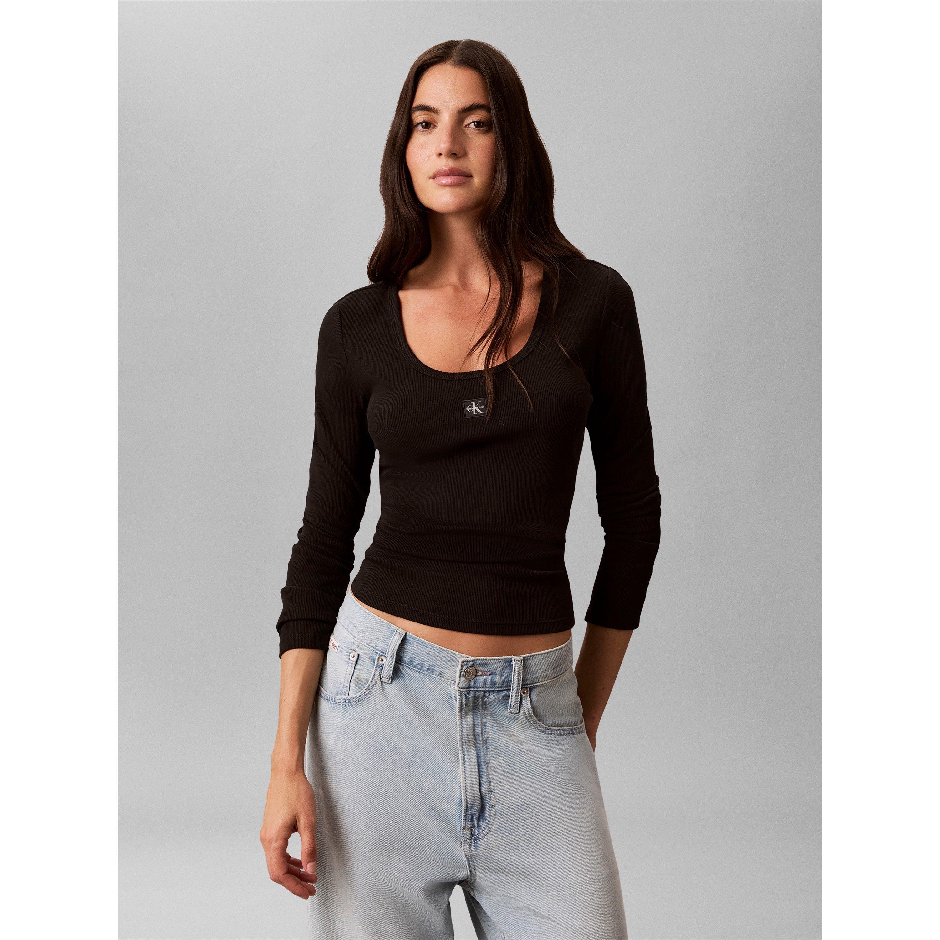 Black - Calvin Klein Jeans - Women's Woven Label Cotton Slim-Fit Long-Sleeve T-Shirt - 7
