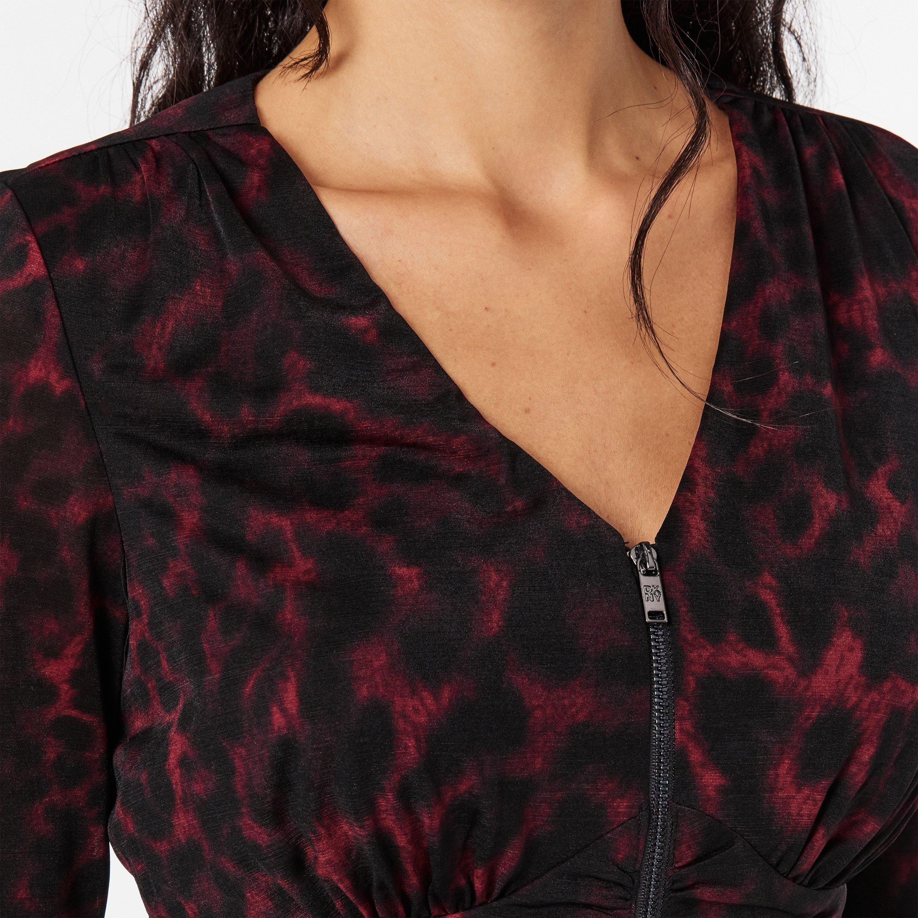Merlot Cheetah - DKNY - Women's Long-Sleeve Zip T-Shirt - 5