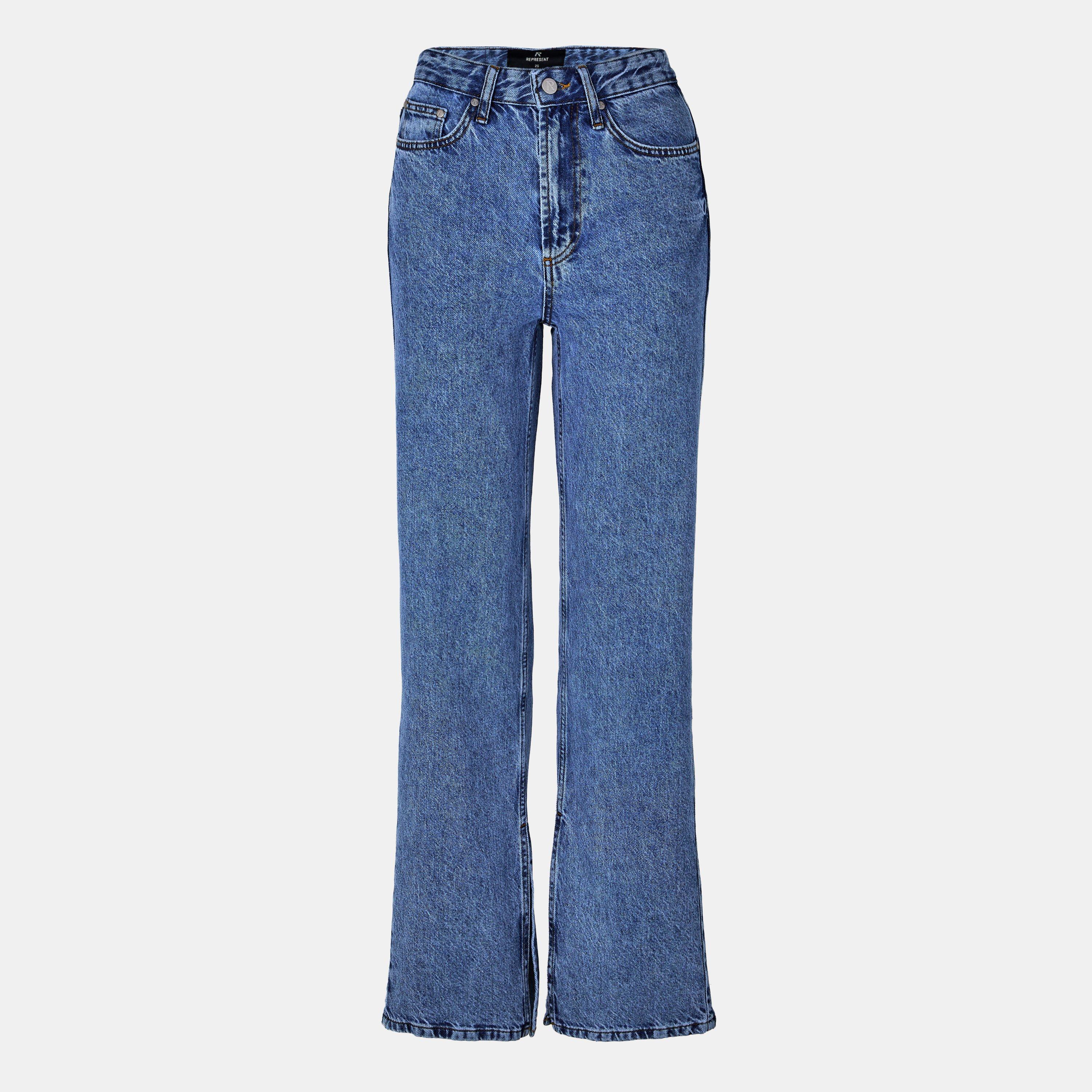 Washed Blue - Represent - Women's Mid Rise Cotton Full Length Straight Leg Jeans - 1