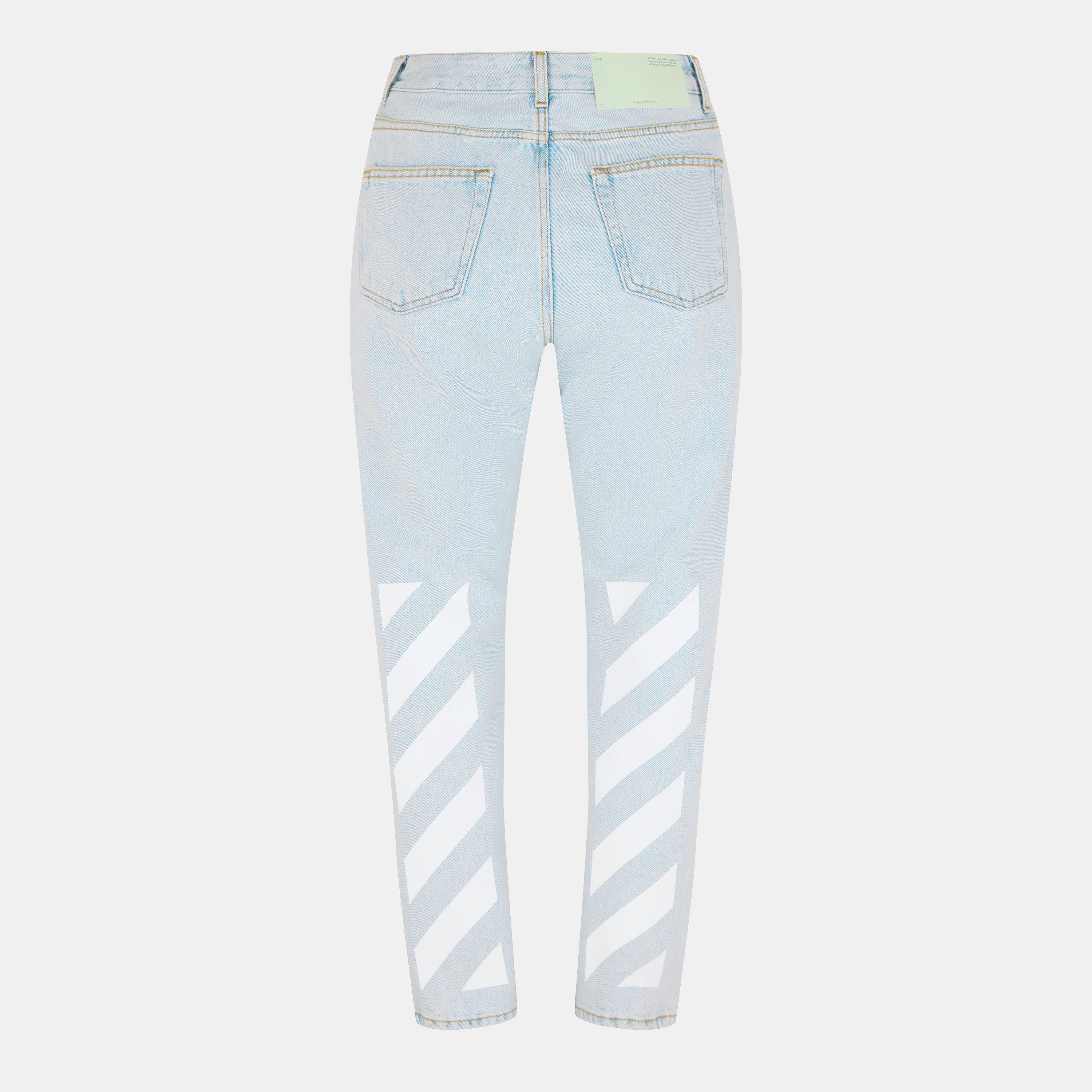 Blue/White - Off White - Women's Straight Leg Cropped Jeans with Signature Logo Detailing - 2