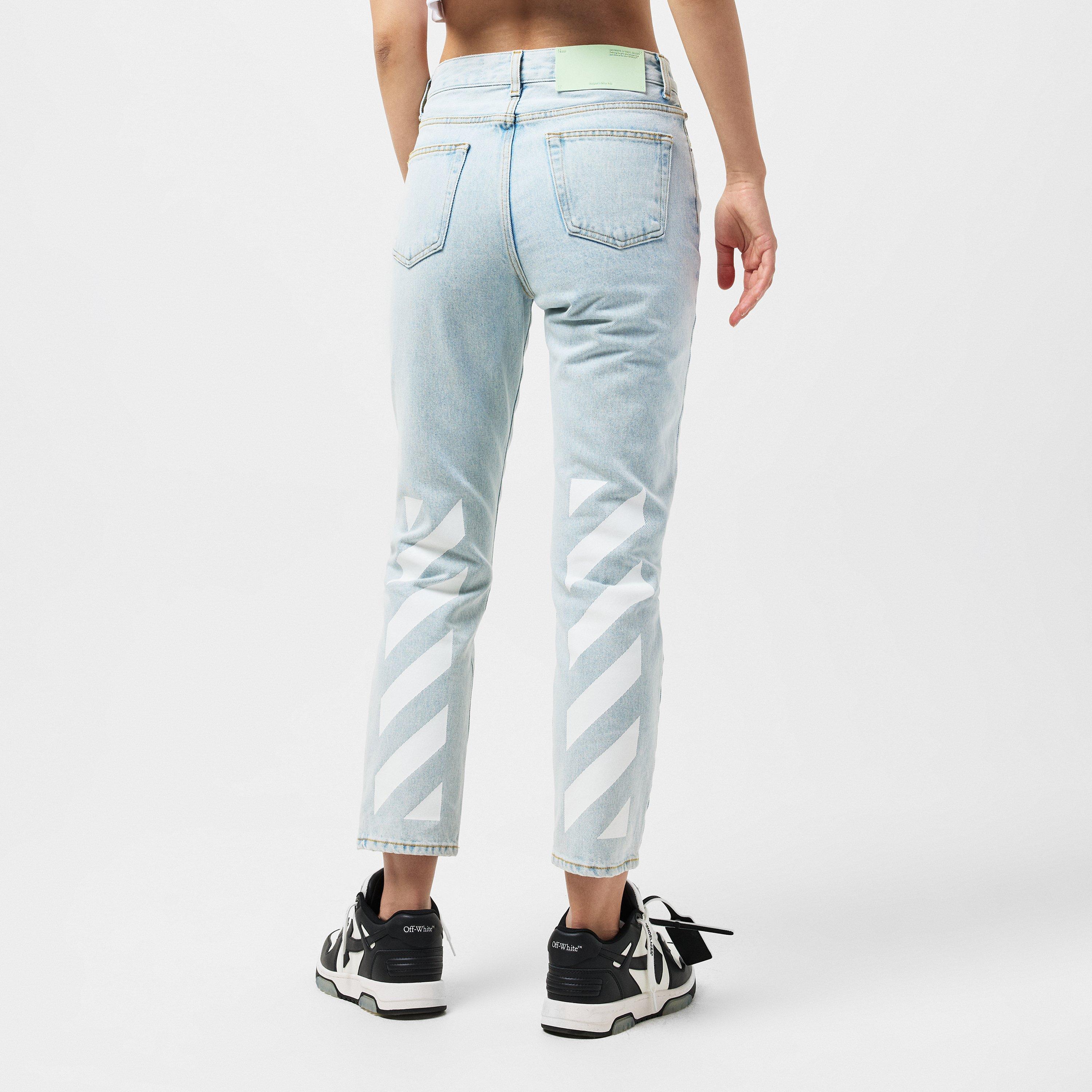 Blue/White - Off White - Women's Straight Leg Cropped Jeans with Signature Logo Detailing - 3