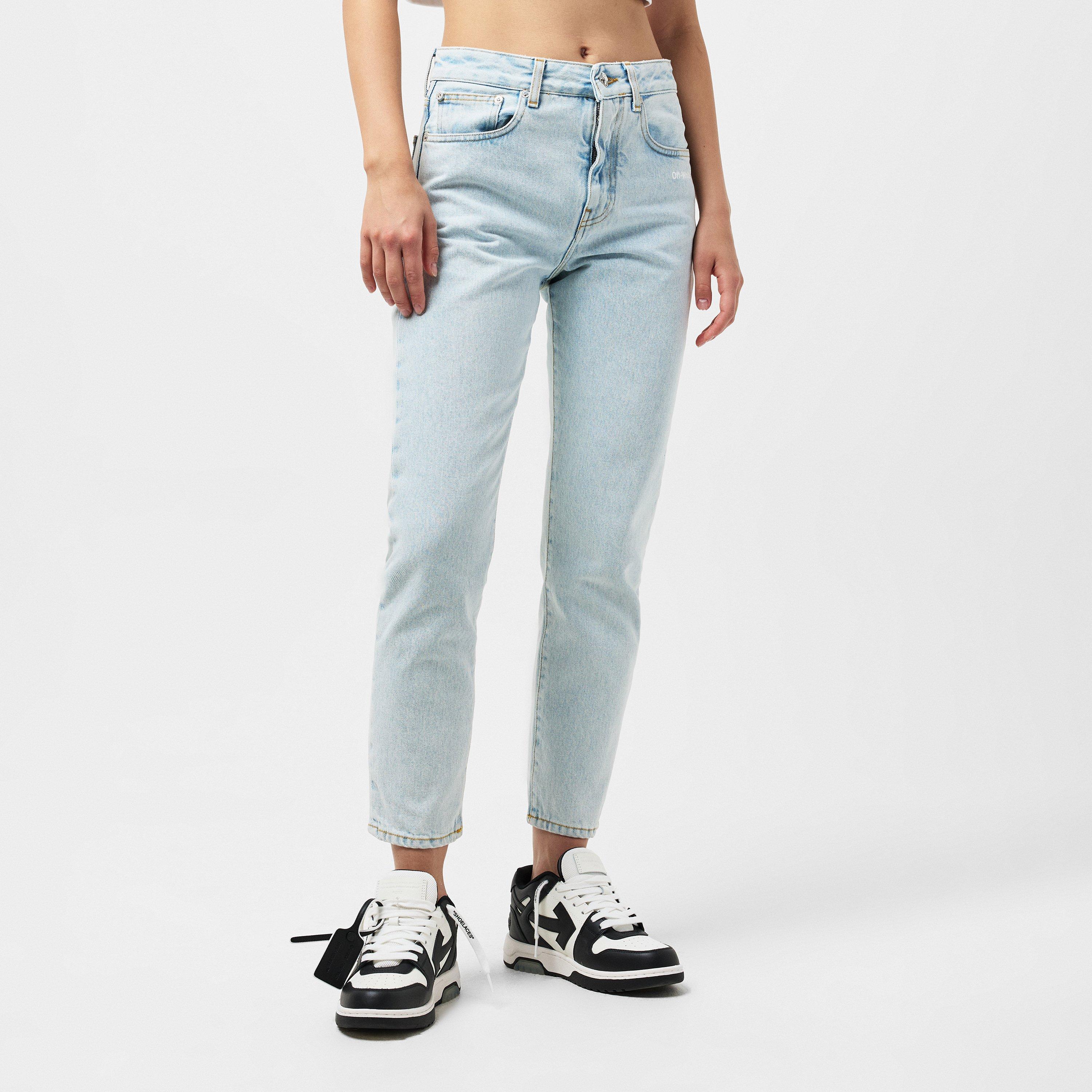 Blue/White - Off White - Women's Straight Leg Cropped Jeans with Signature Logo Detailing - 4