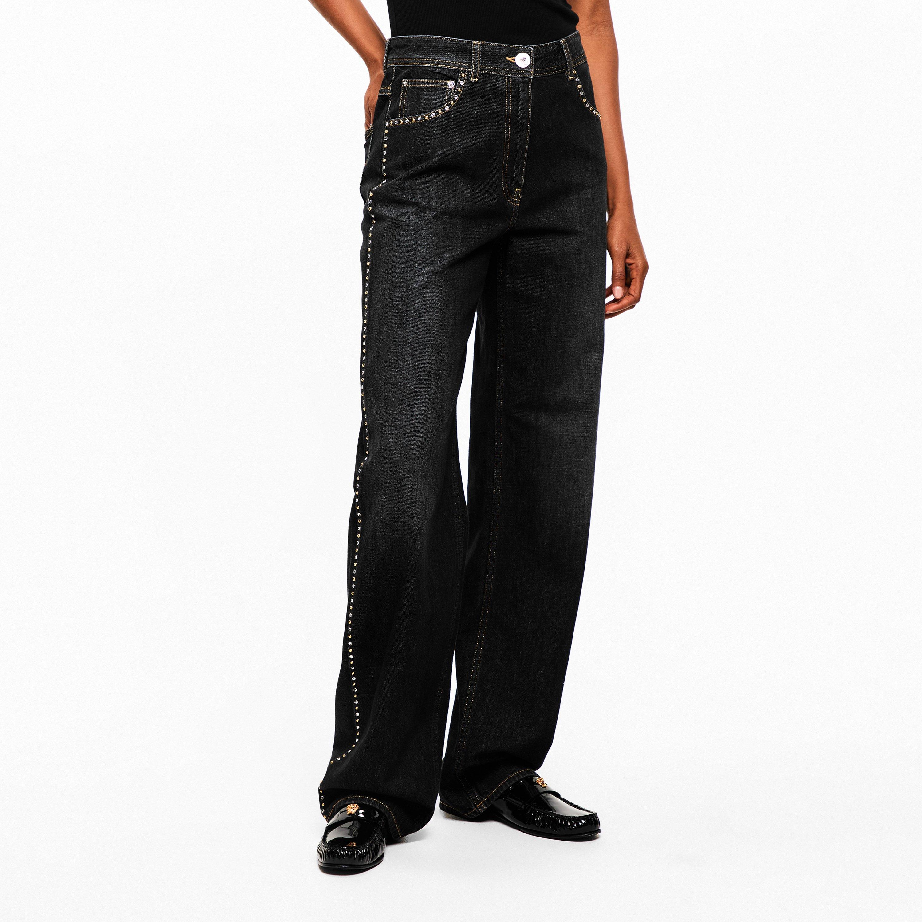Black - Versace - Women's Stud Straight Leg Jeans - 3