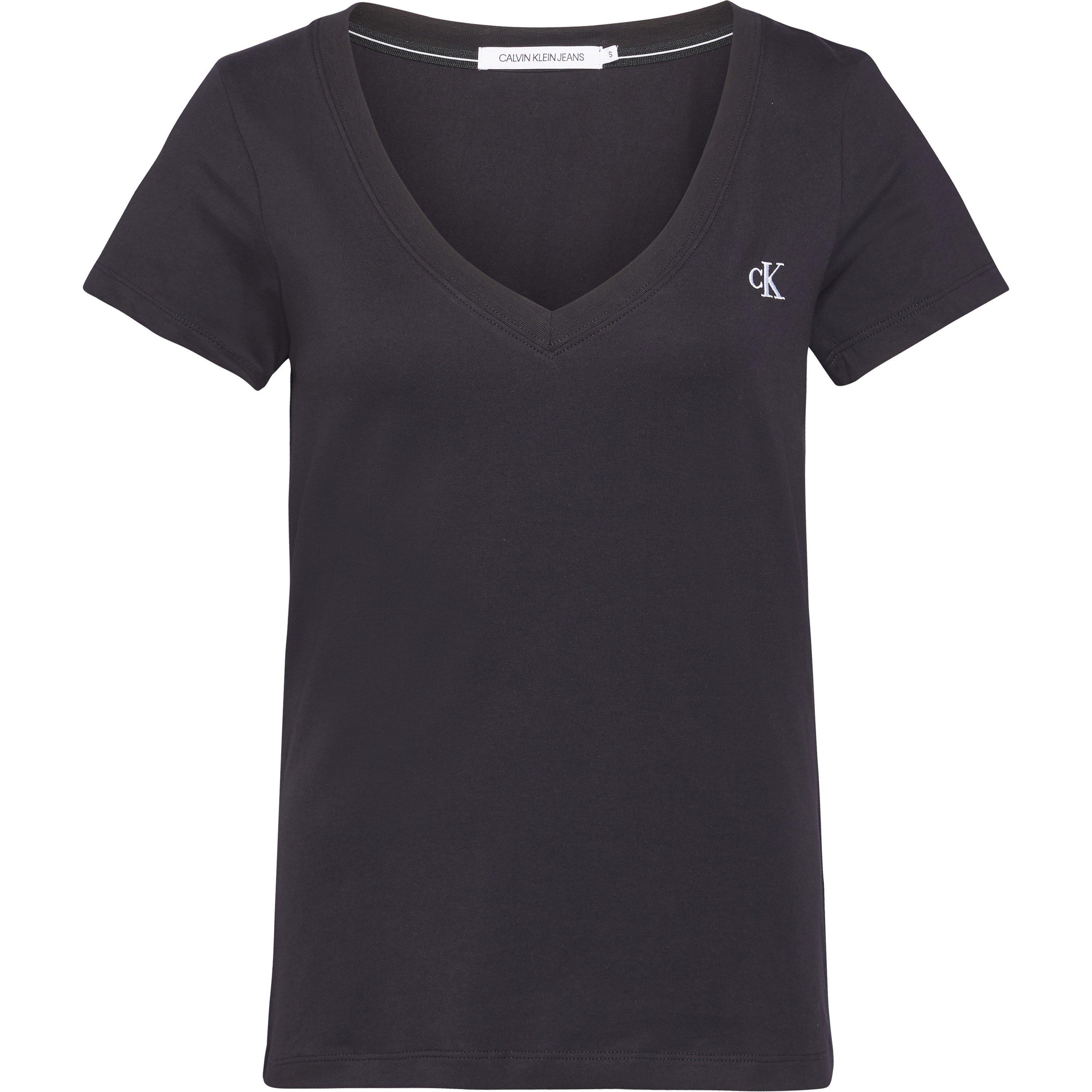 Calvin Klein Jeans Women's Embroidery Stretch V-Neck T-Shirt - Bk Black Bae - 8 (XS)