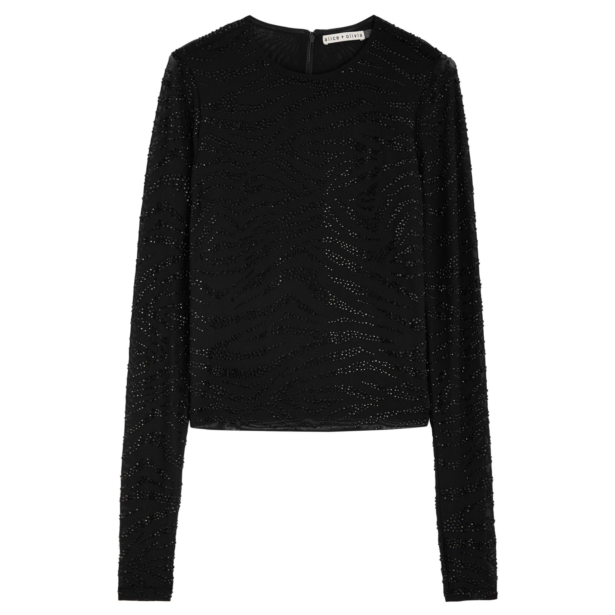 BLACK - Alice And Olivia - T LS DELAINA EMB CREW TOP