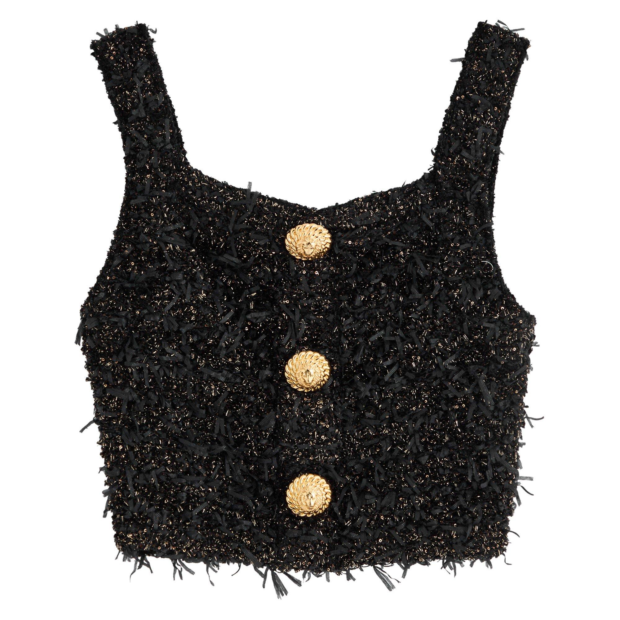 BLACK - Balmain - 3 BTNS TWEED KNIT CROP TOP