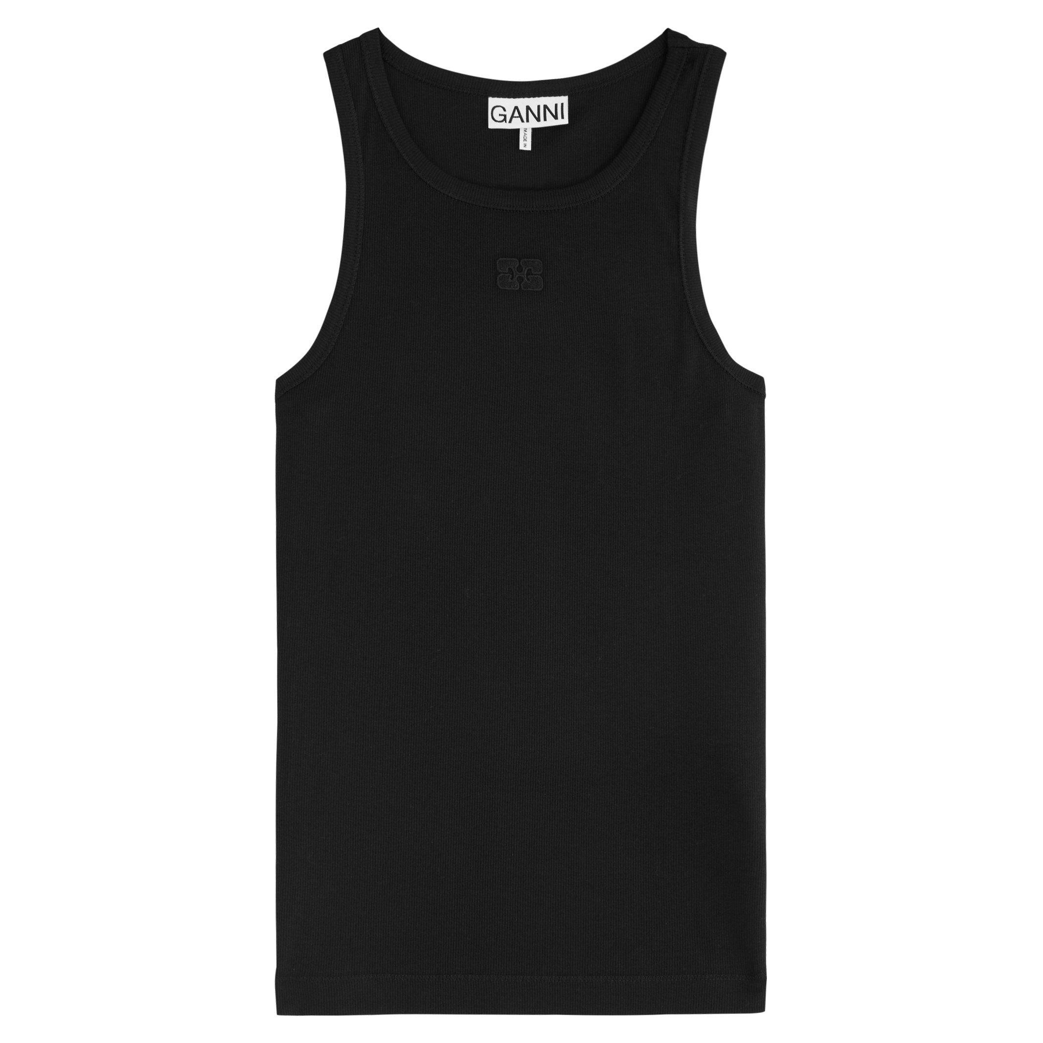 BLACK - Ganni - V Soft Cotton Rib Tank Top