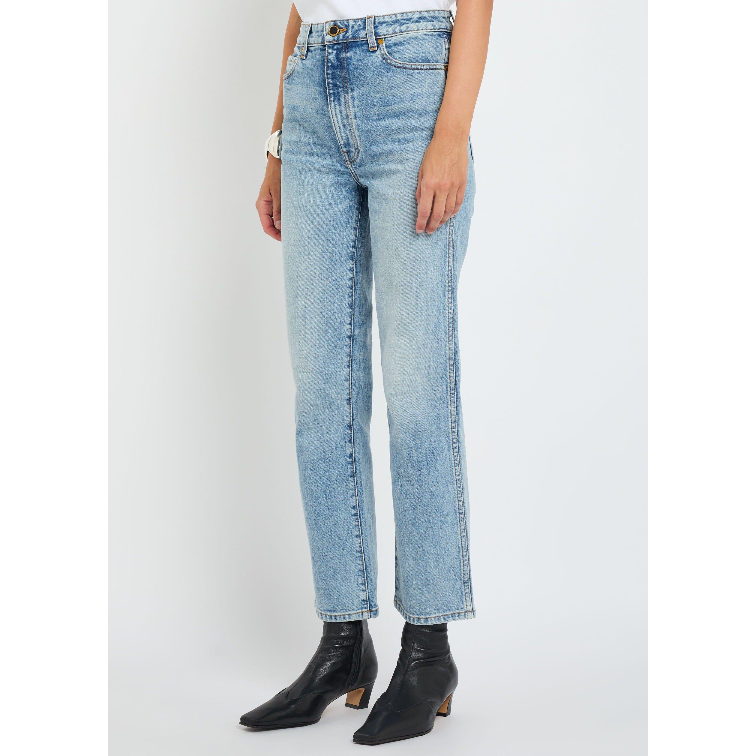 DENIM - Khaite - Women's Abigail Cotton Distressed High-Waisted Straight Leg Jeans - 2
