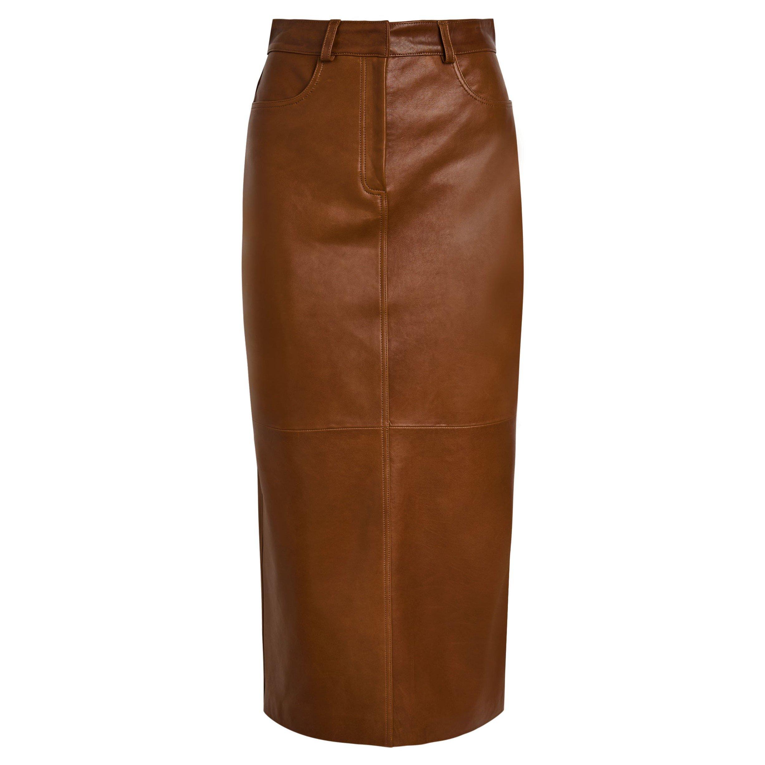 BROWN - Nour Hammour - LS GHALIA LEATHER LONG SKIRT - 1