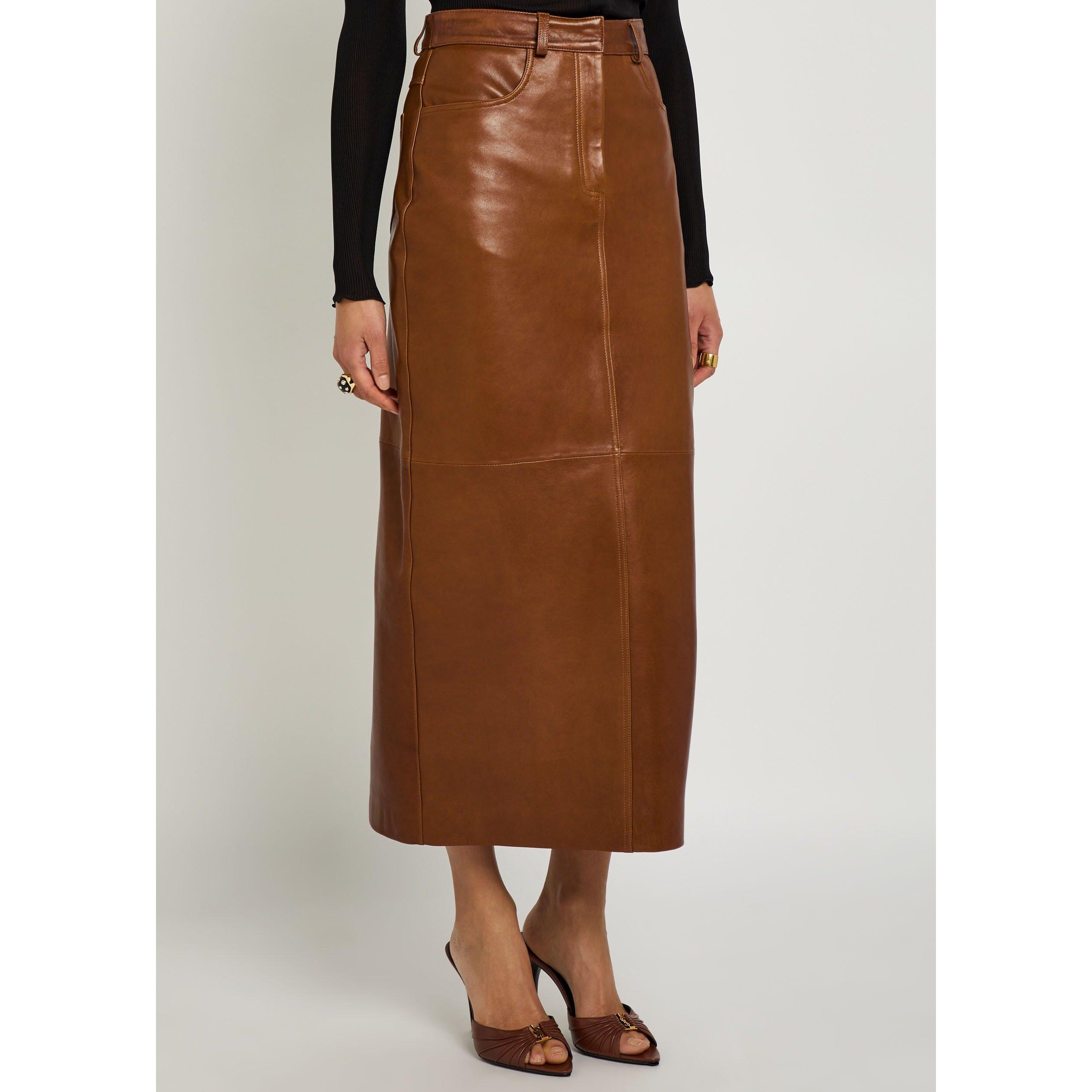 BROWN - Nour Hammour - LS GHALIA LEATHER LONG SKIRT - 2