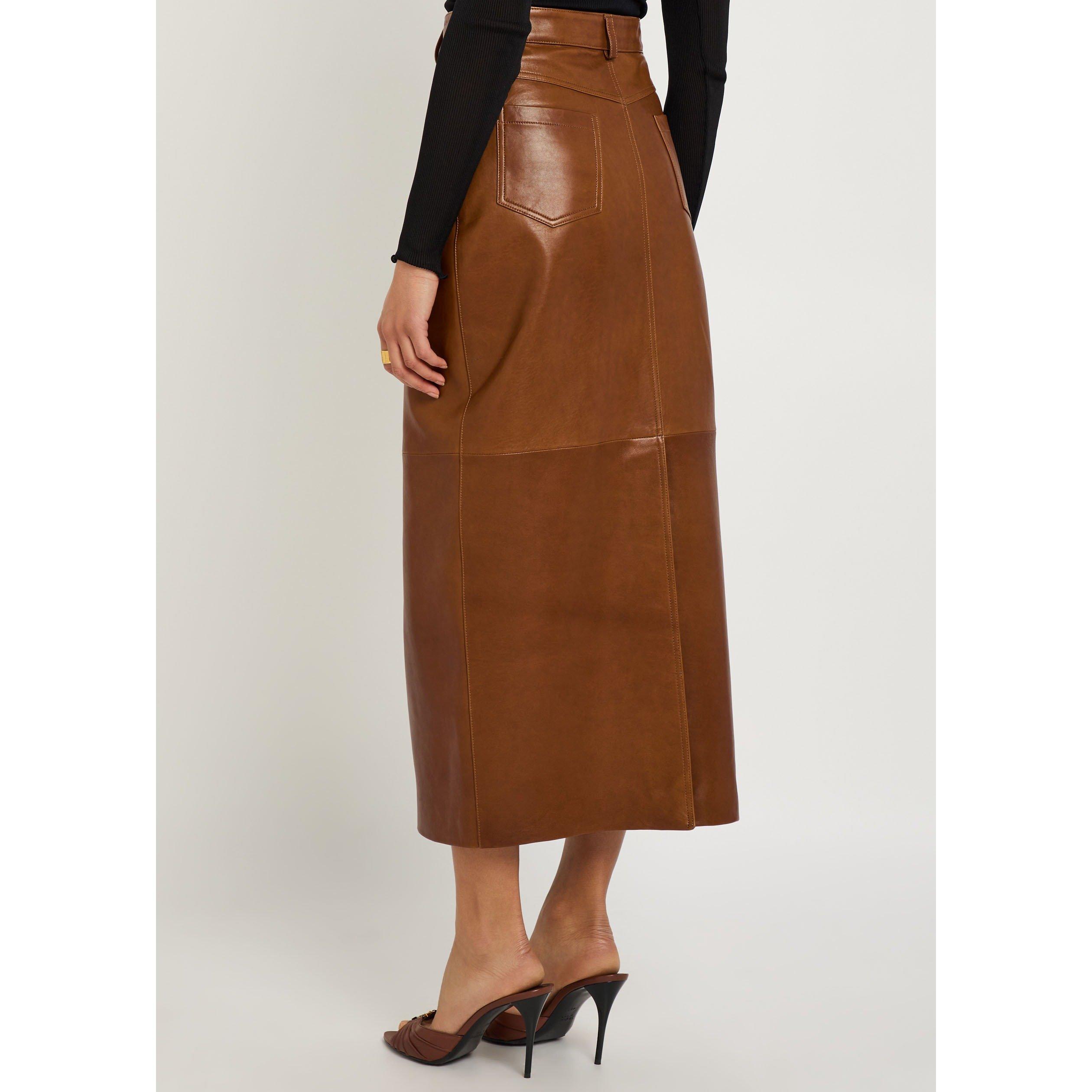 BROWN - Nour Hammour - LS GHALIA LEATHER LONG SKIRT - 3