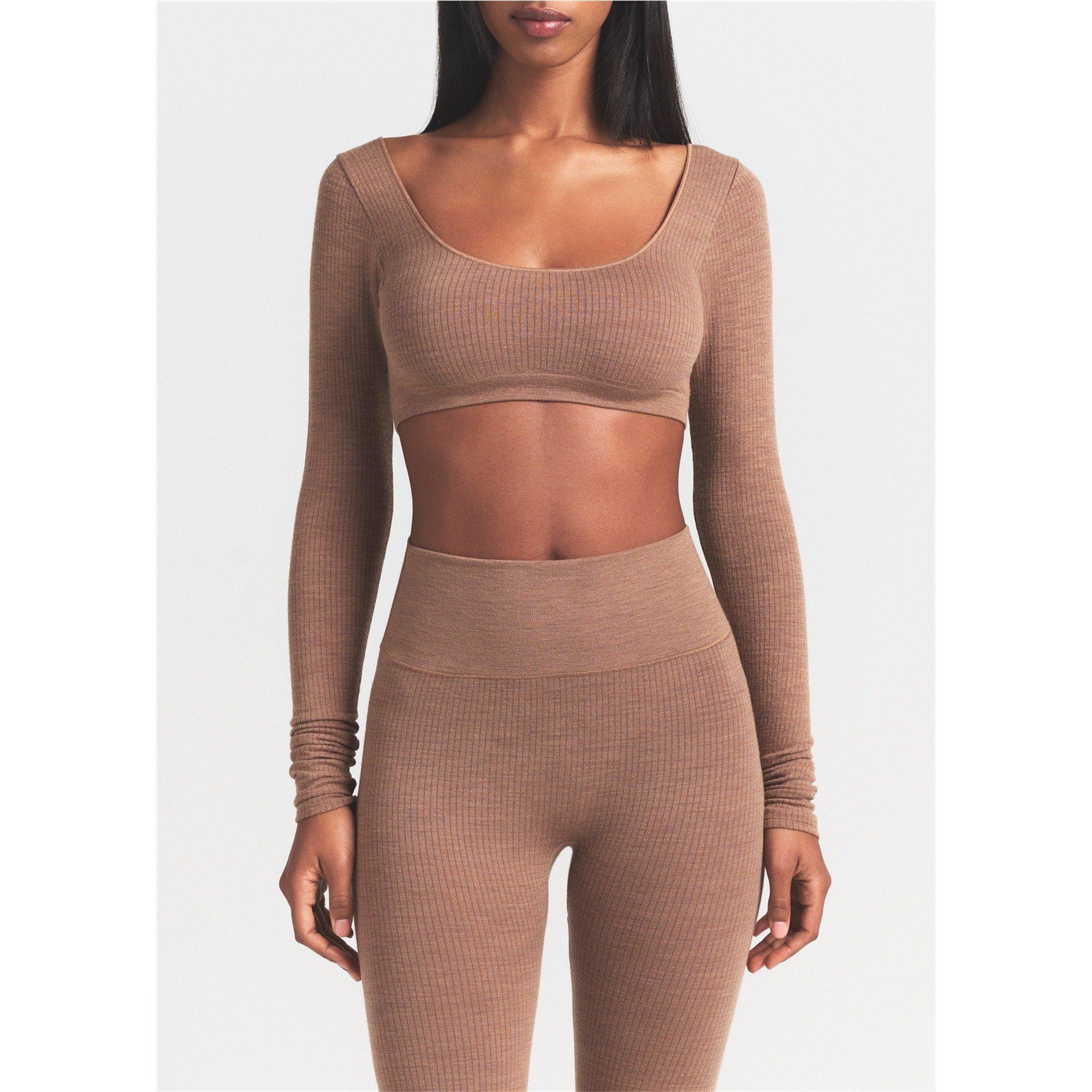 LIGHT BROWN - SKIMS - Women's Wool Long-Sleeve Scoop-Neck Cropped T-Shirt - 2
