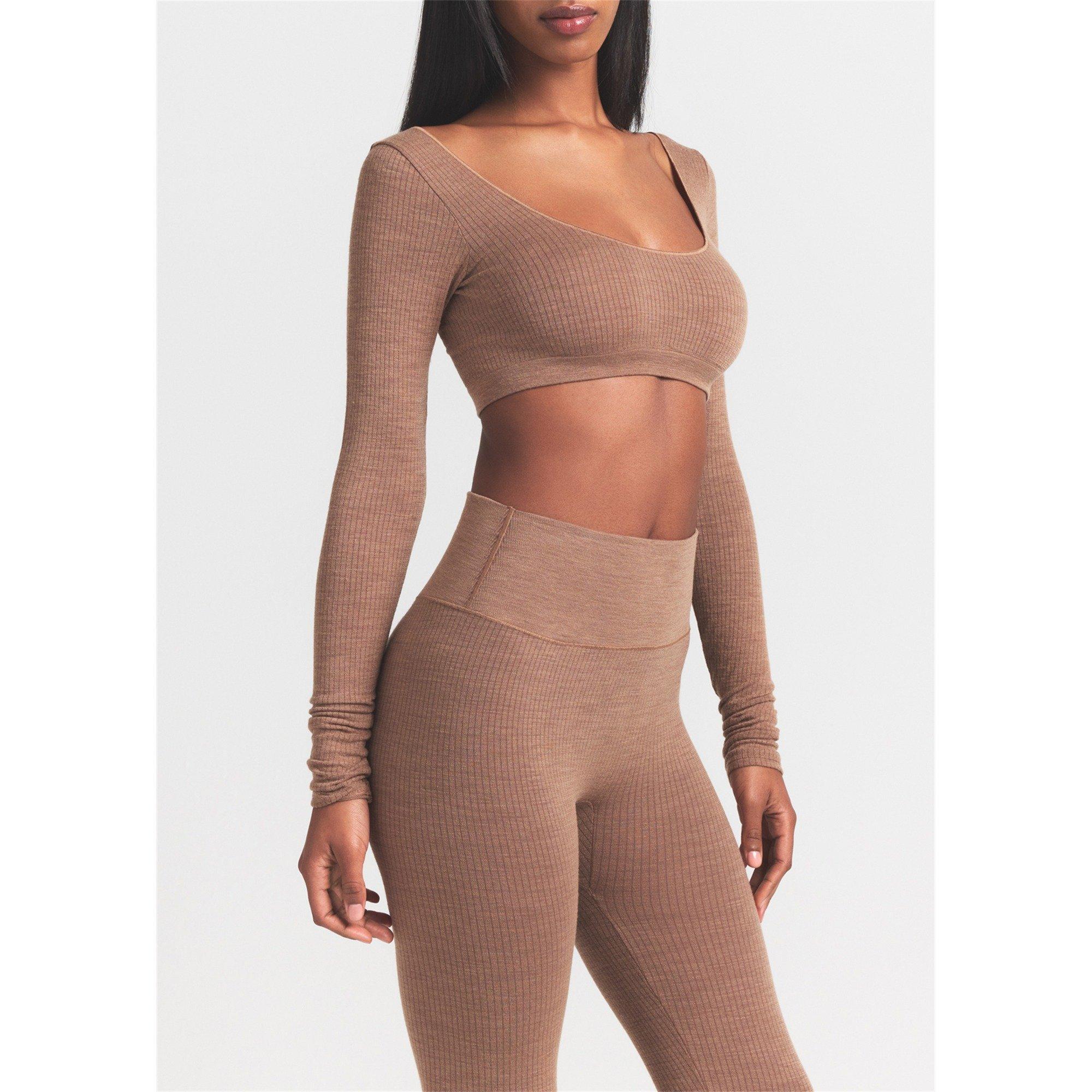 LIGHT BROWN - SKIMS - Women's Wool Long-Sleeve Scoop-Neck Cropped T-Shirt - 4