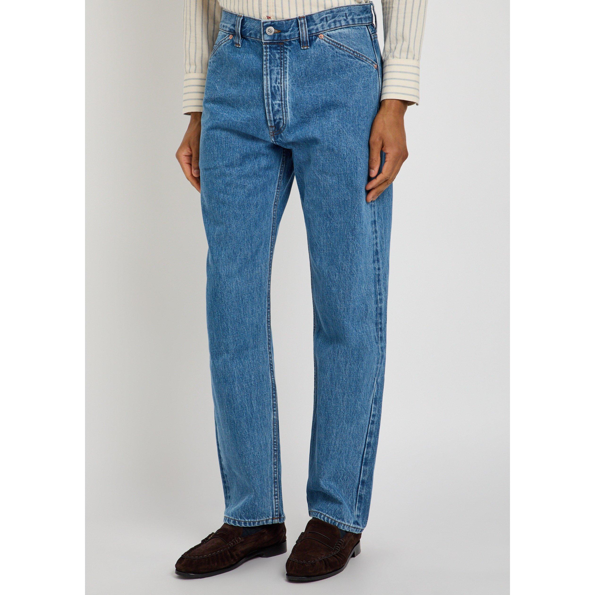BLUE - Drakes - Men's Stone Wash Cotton Straight Leg Jeans - 2