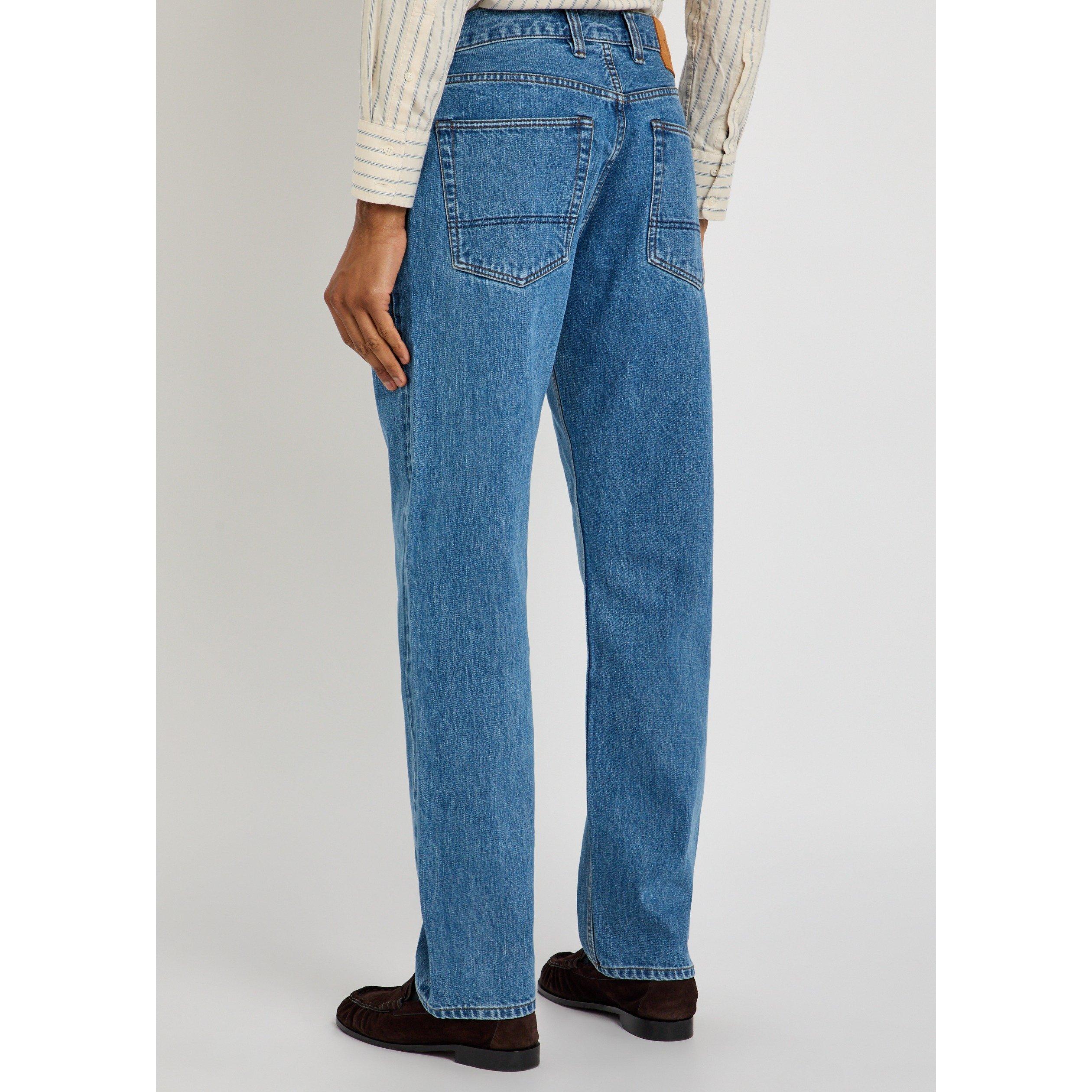 BLUE - Drakes - Men's Stone Wash Cotton Straight Leg Jeans - 3