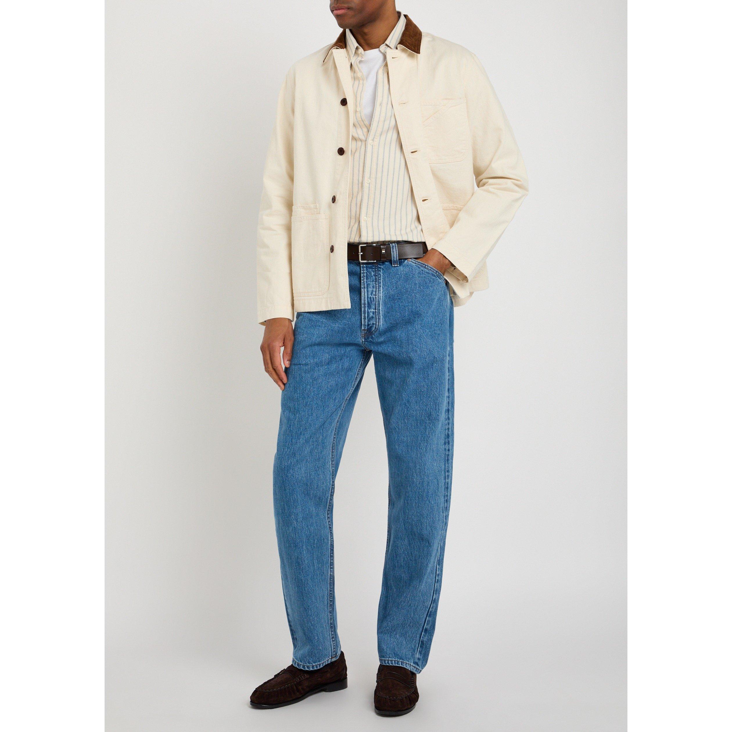 BLUE - Drakes - Men's Stone Wash Cotton Straight Leg Jeans - 5