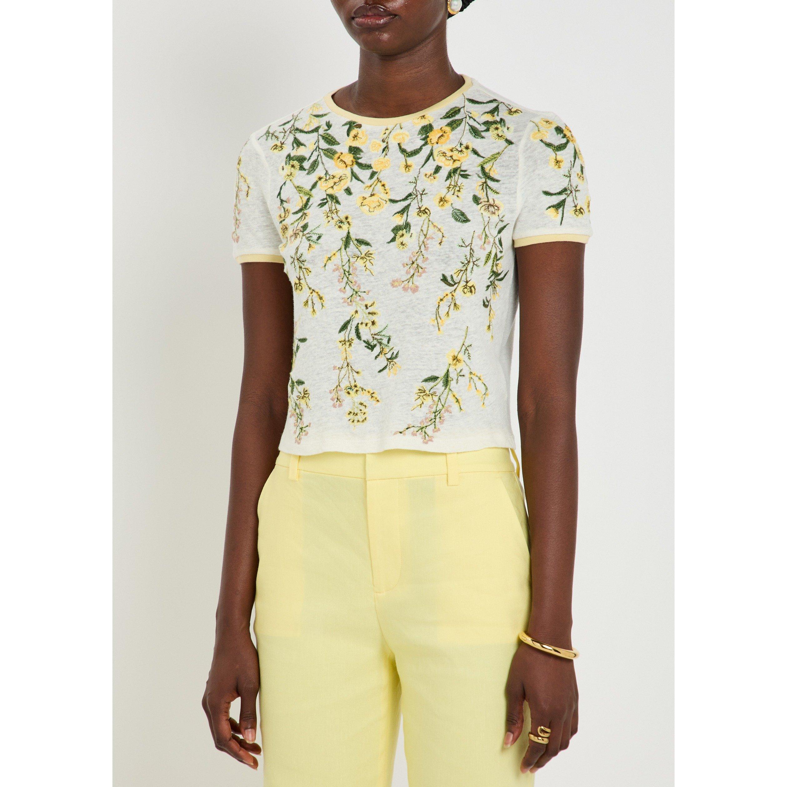 MULTICOLOURED - Alice And Olivia - Women's Cindy Embroidered Linen Slim-Fit Cropped T-Shirt - 2
