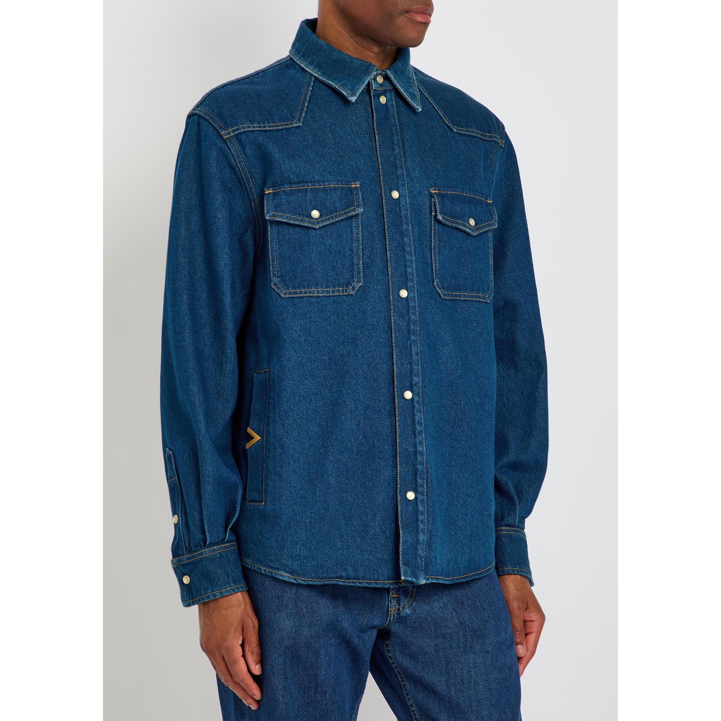 BLUE - Valentino - Men's Val Cotton Denim Shirt - 2