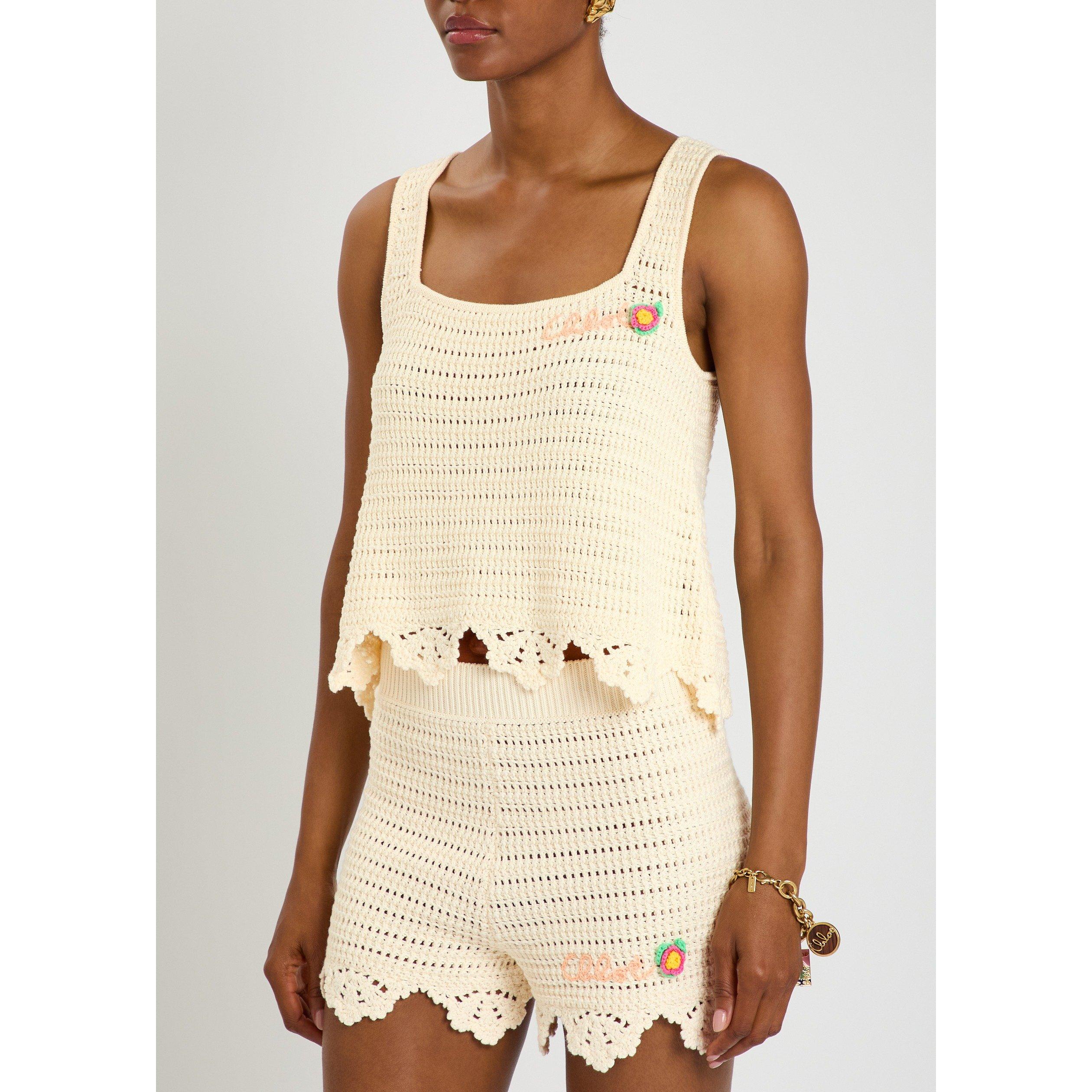 WHITE - Chloe - Women's Crochet Cotton Square Neck Cropped Tank Top - 2