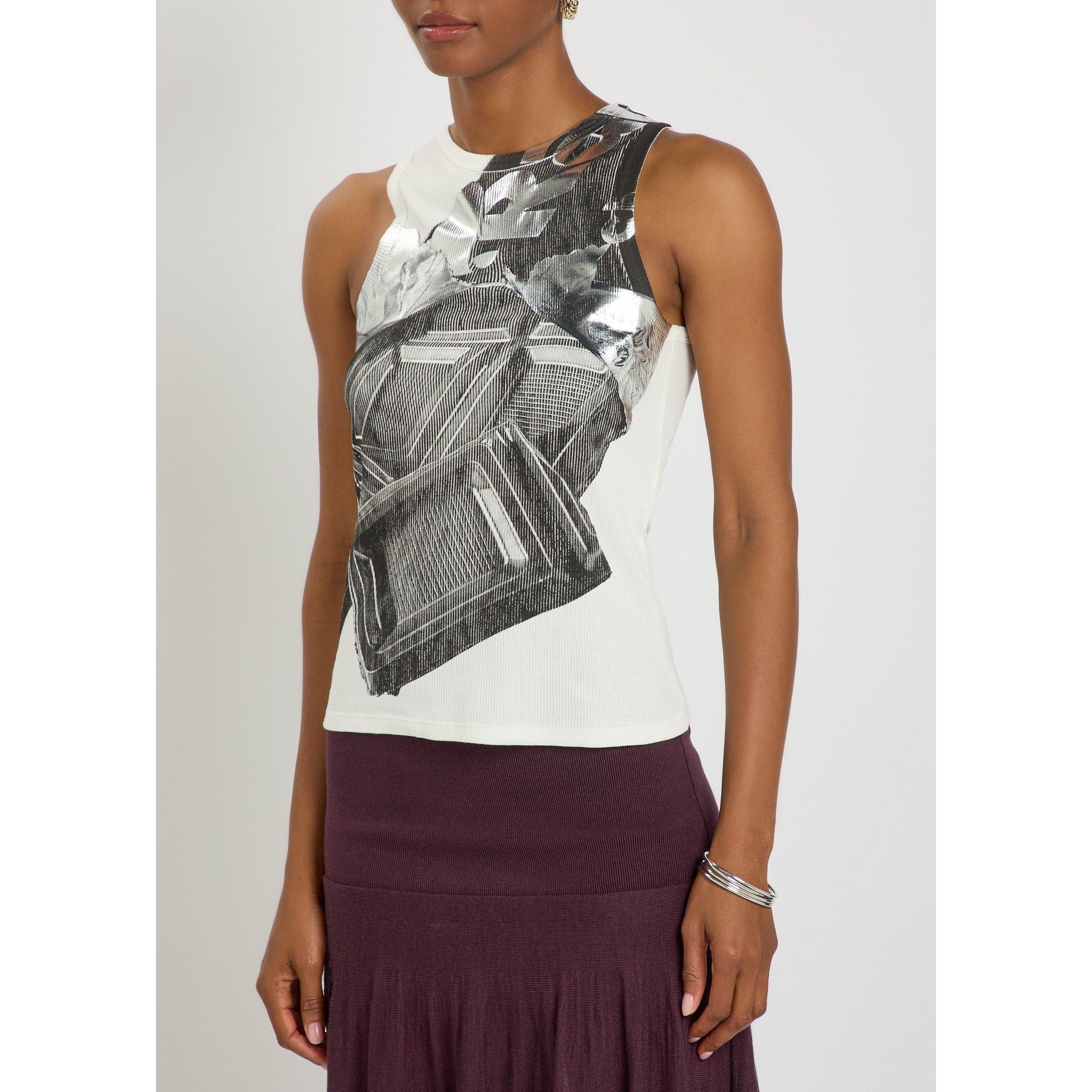 WHITE AND BLACK - Rabanne - Women's Cotton Ribbed Metallic Print Round-Neck Slim-Fit Tank Top - 2
