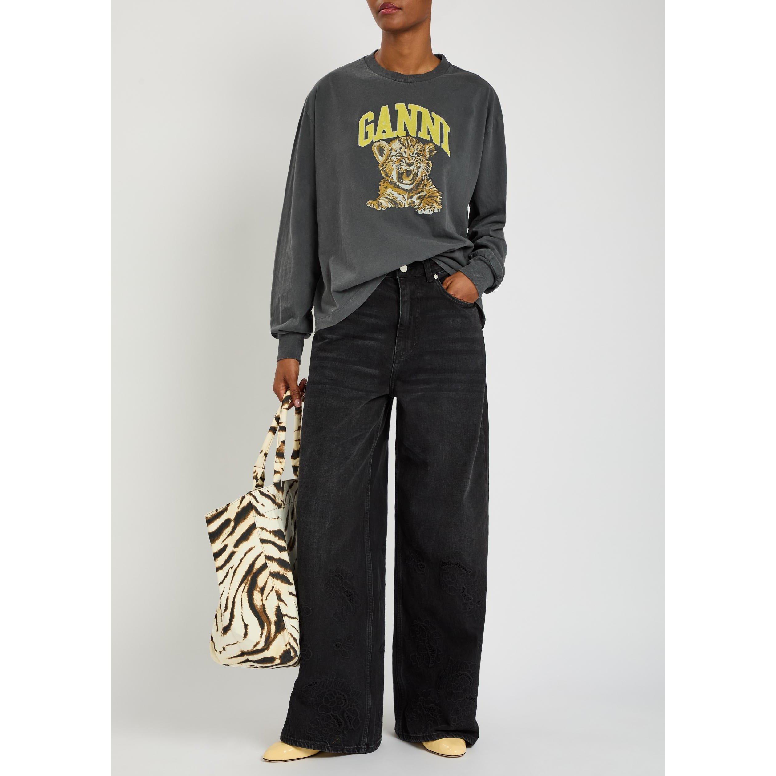 BLACK AND OTHER - Ganni - Women's Future Tiger Graphic Long-Sleeve Cotton T-Shirt - 5