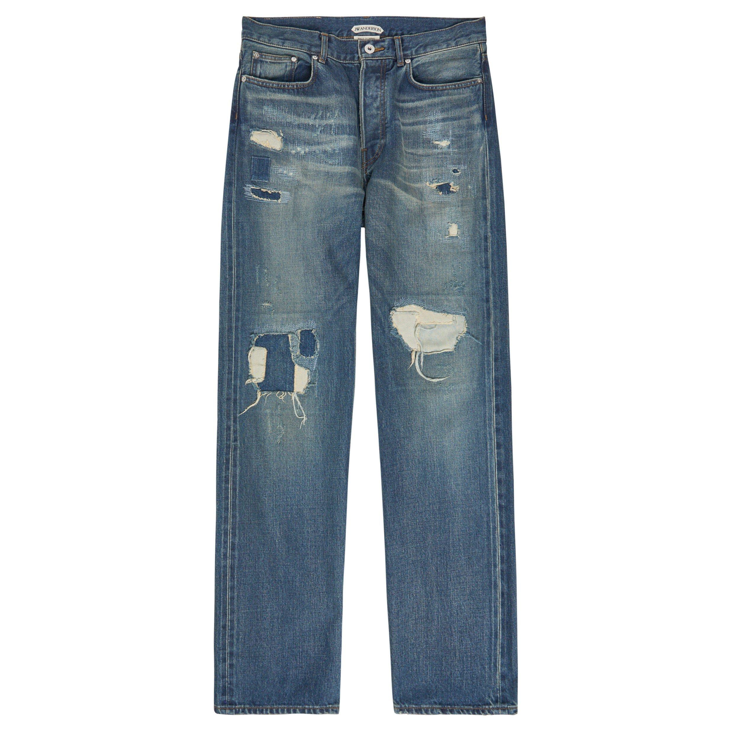 DARK BLUE - JW Anderson - Men's JWA Straight-Leg Distressed Patchwork Cotton Jeans - 1